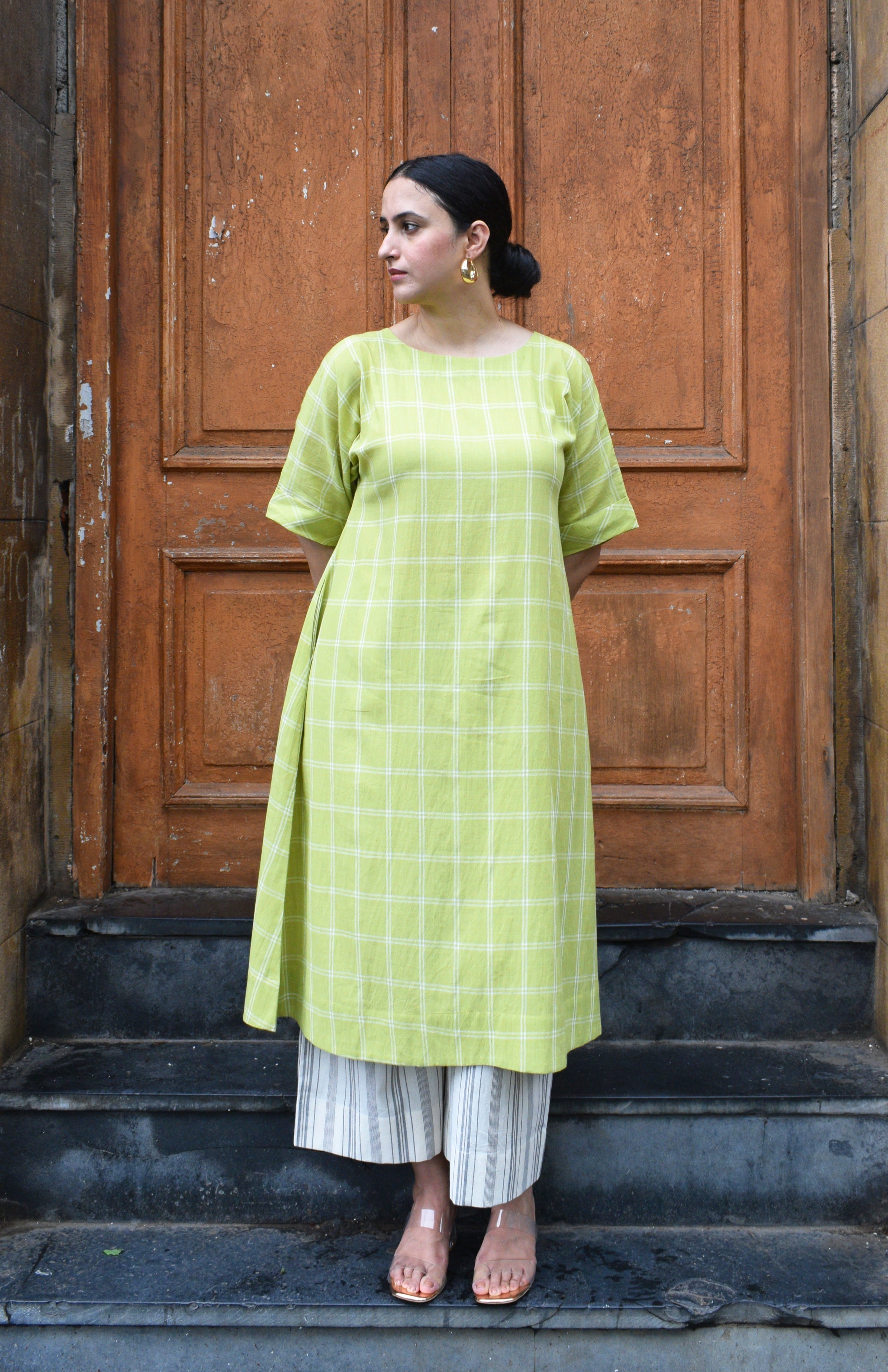 Lime Green A line Kurta in handwoven checks
