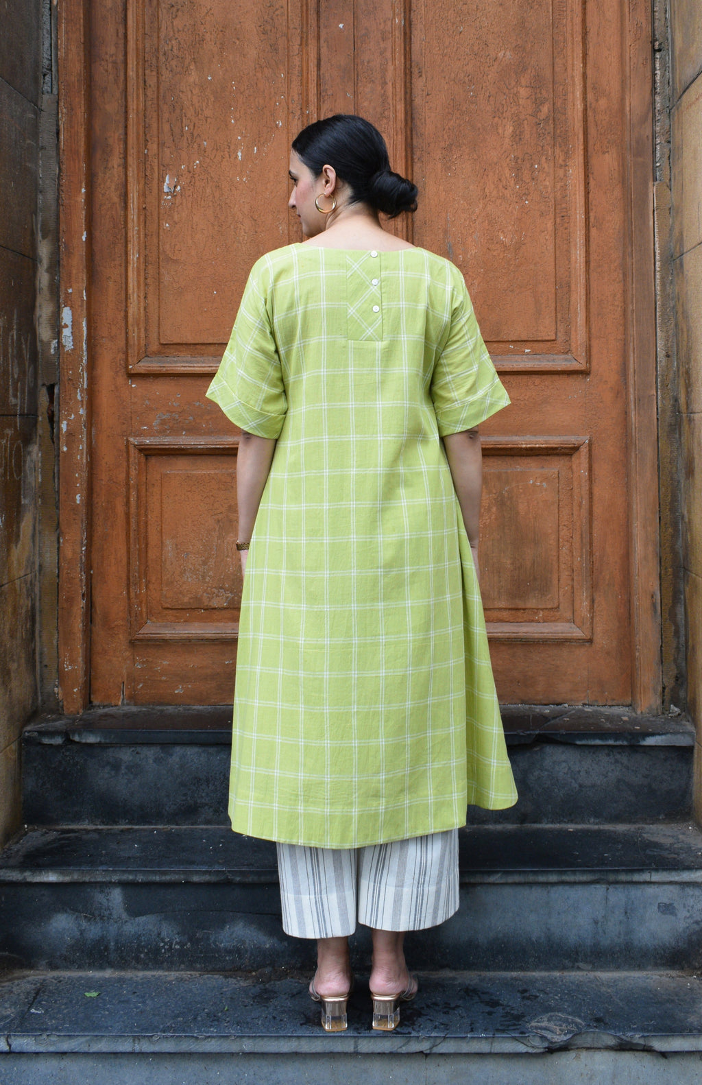 Lime Green A line Kurta in handwoven checks