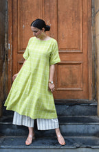 Lime Green A line Kurta in handwoven checks
