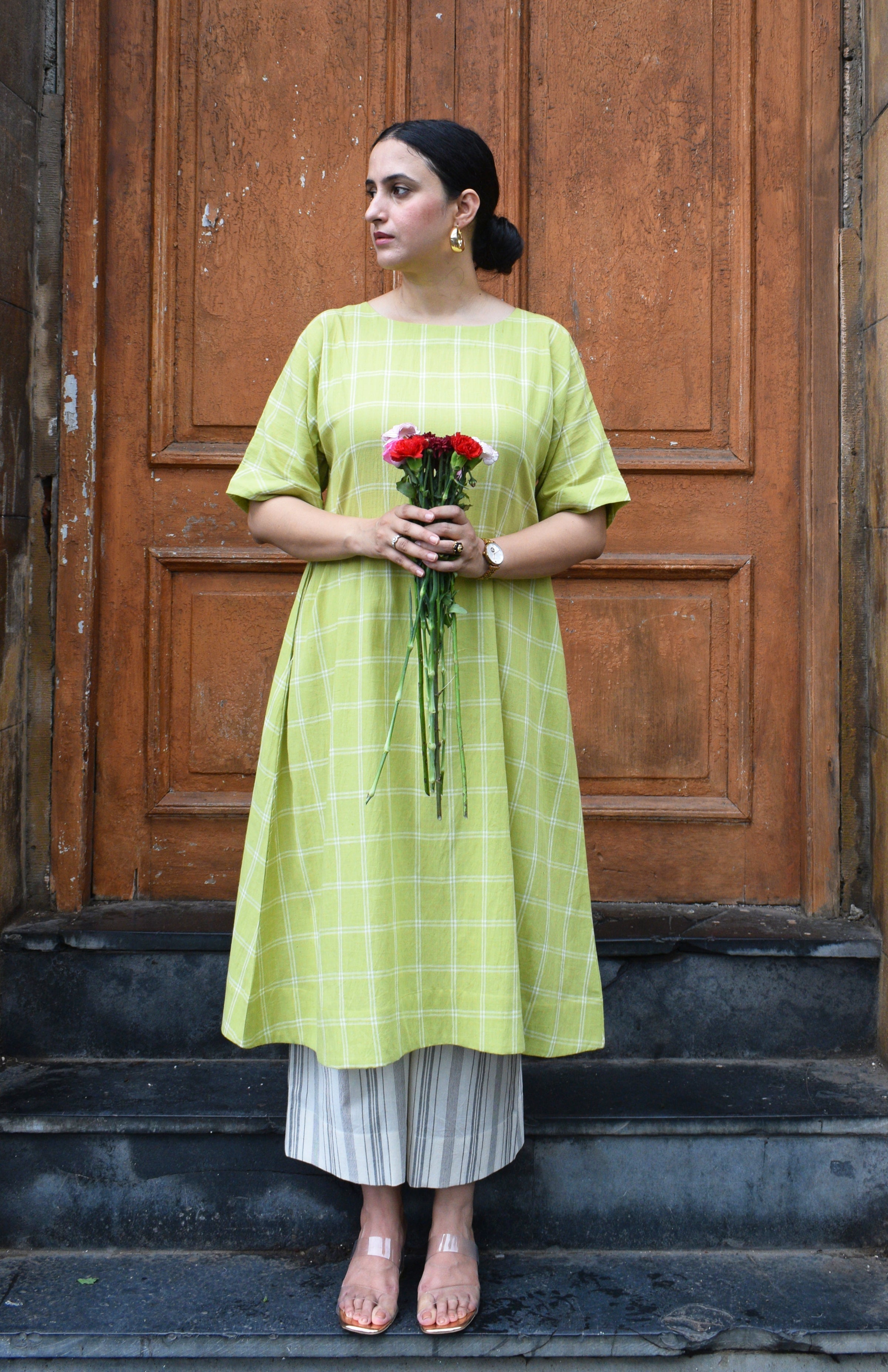 Lime Green A line Kurta in handwoven checks