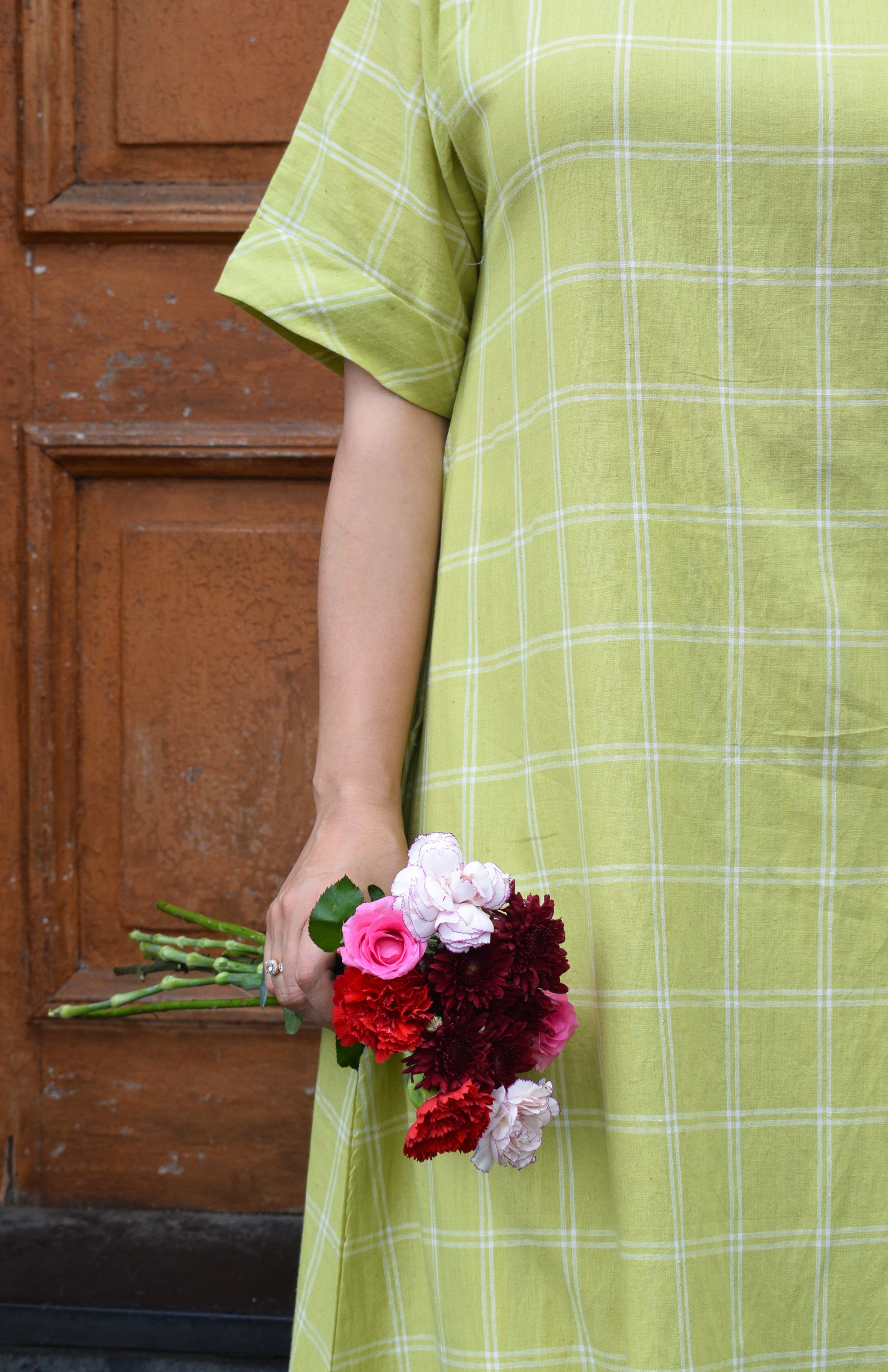 Lime Green A line Kurta in handwoven checks