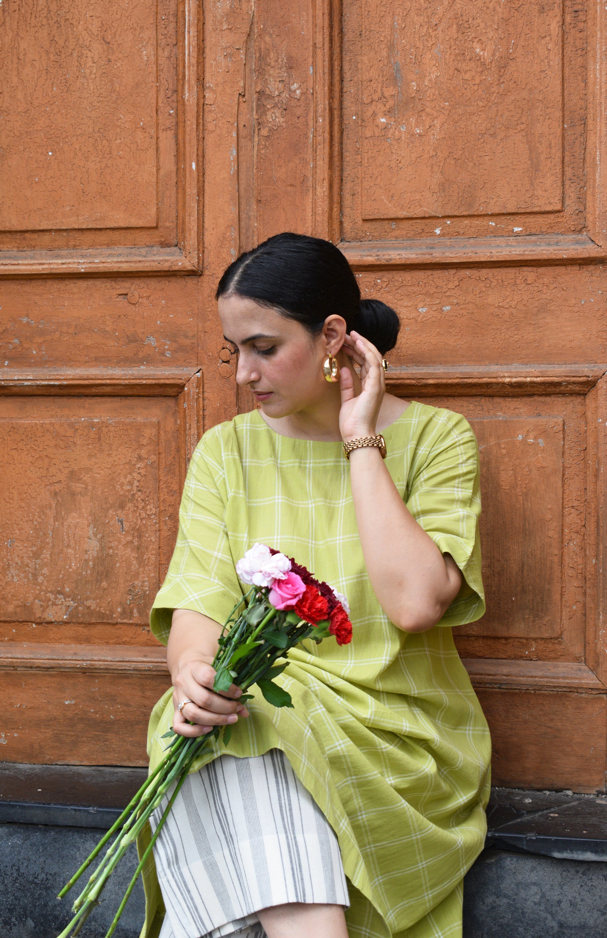 Lime Green A line Kurta in handwoven checks