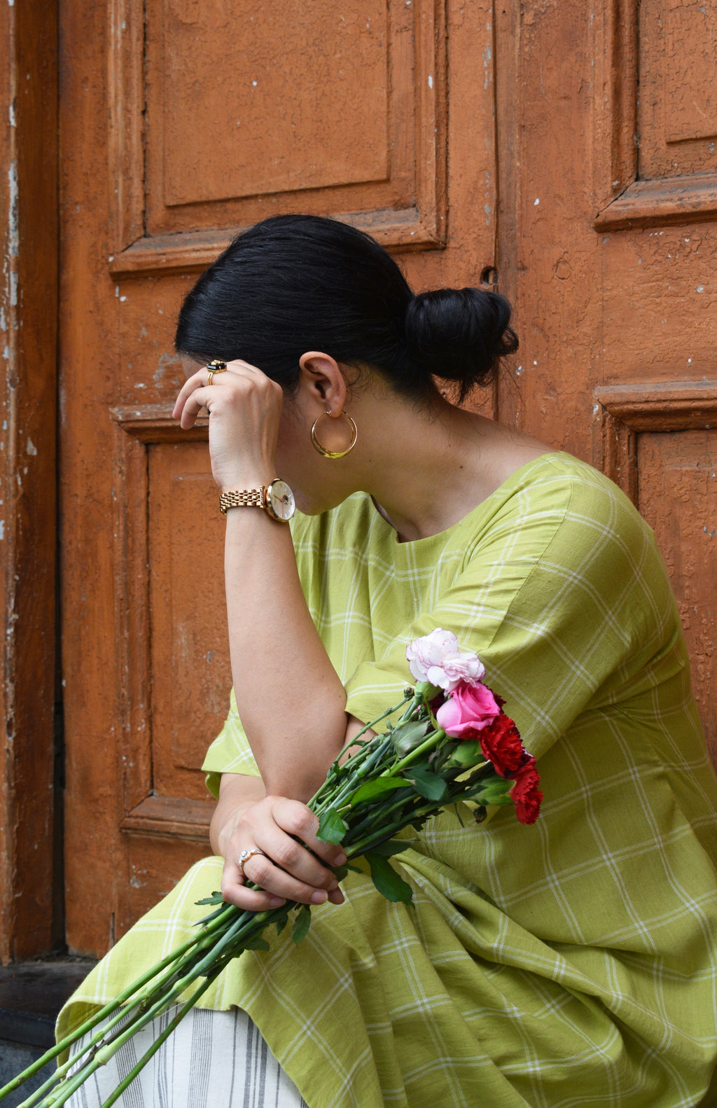 Lime Green A line Kurta in handwoven checks