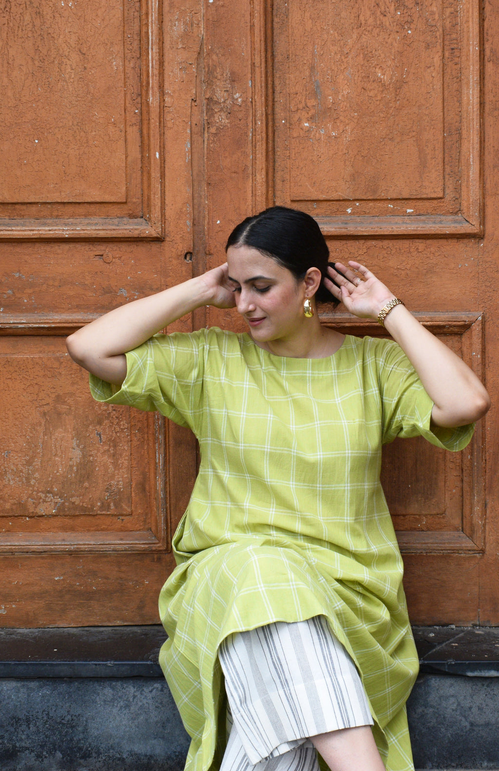Lime Green A line Kurta in handwoven checks