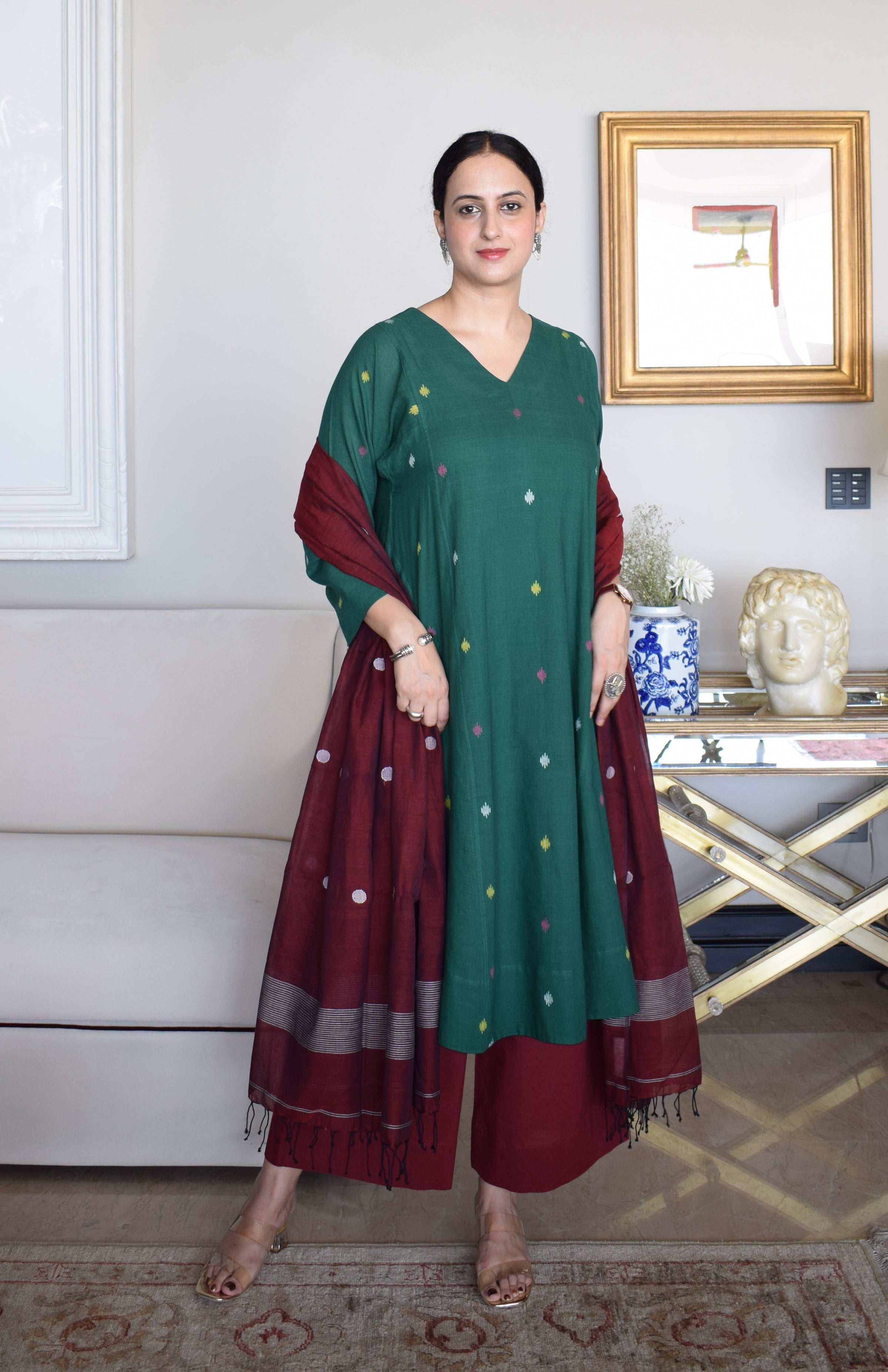 Forest Green Jamdani Phiran with Maroon Pyjama