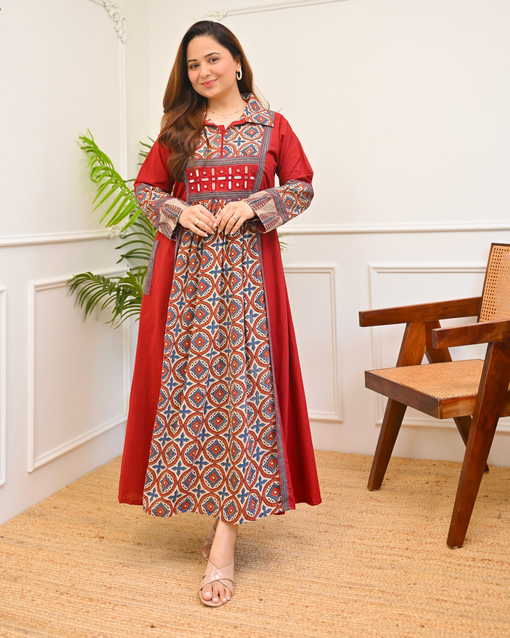 Ruhani Red Ajrakh Mirrorwork Cotton Kurta Dress
