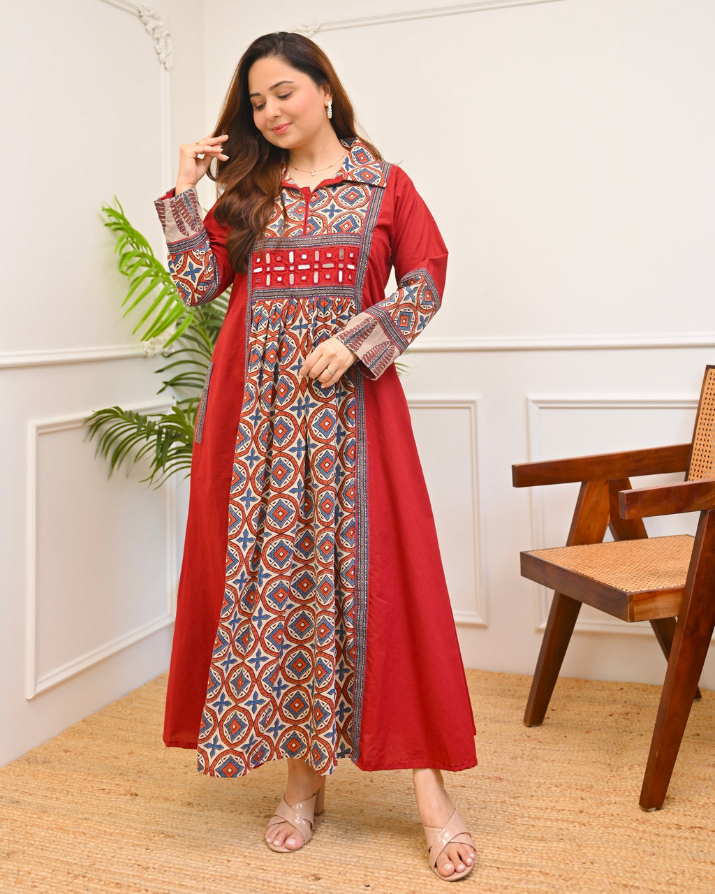 Ruhani Red Ajrakh Mirrorwork Cotton Kurta Dress