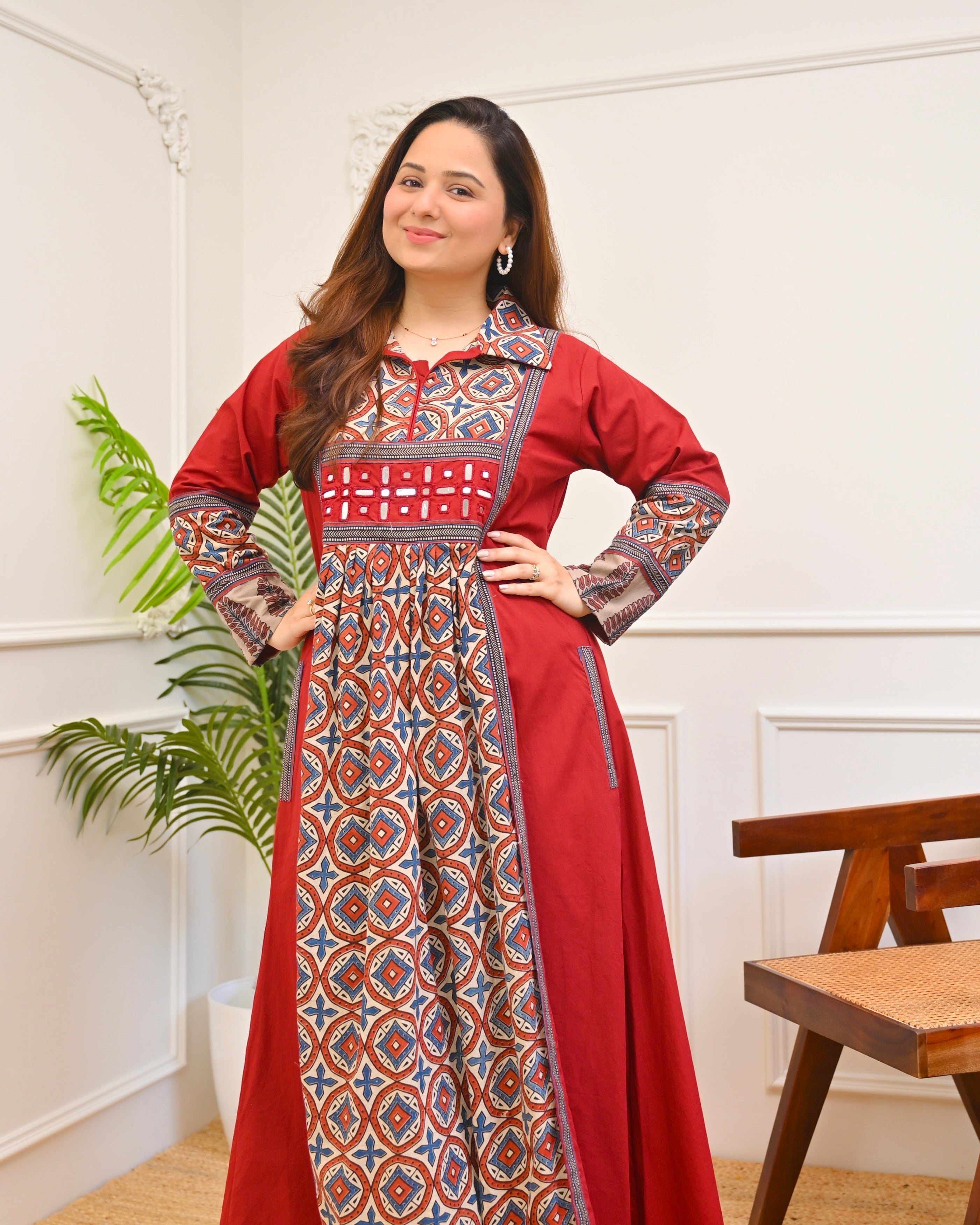 Ruhani Red Ajrakh Mirrorwork Cotton Kurta Dress