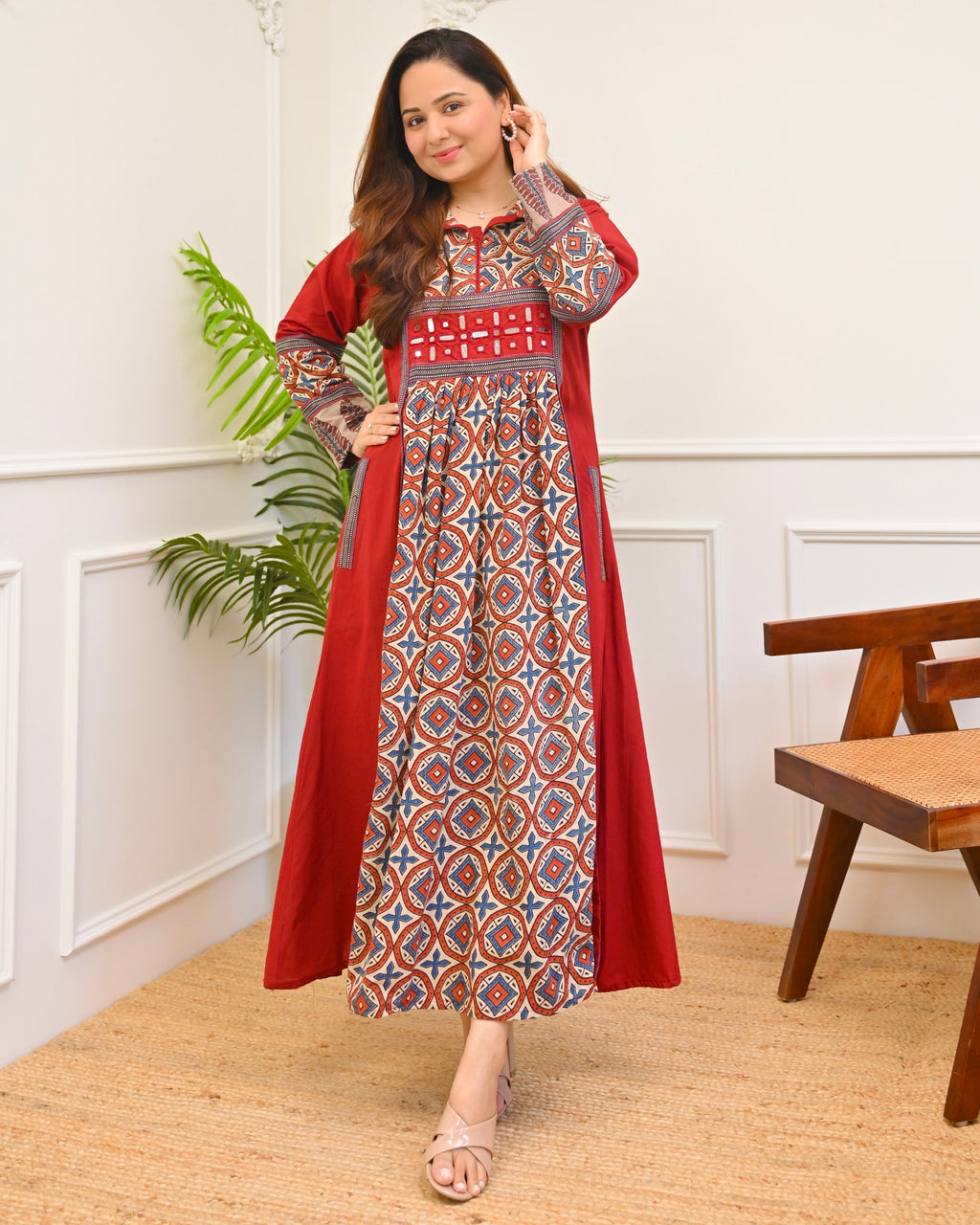 Ruhani Red Ajrakh Mirrorwork Cotton Kurta Dress