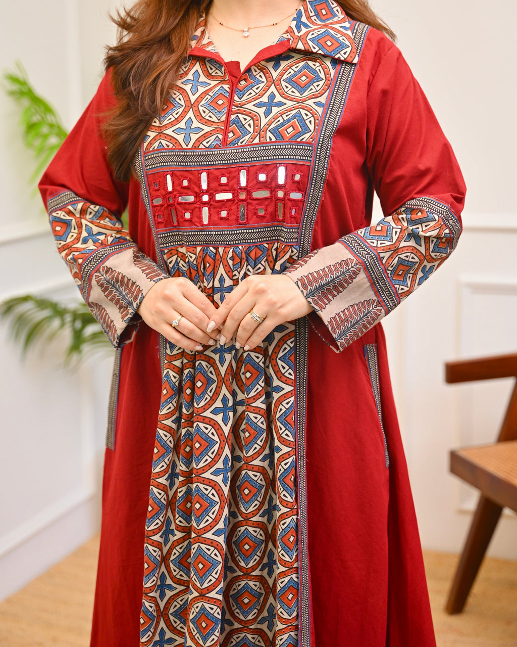 Ruhani Red Ajrakh Mirrorwork Cotton Kurta Dress