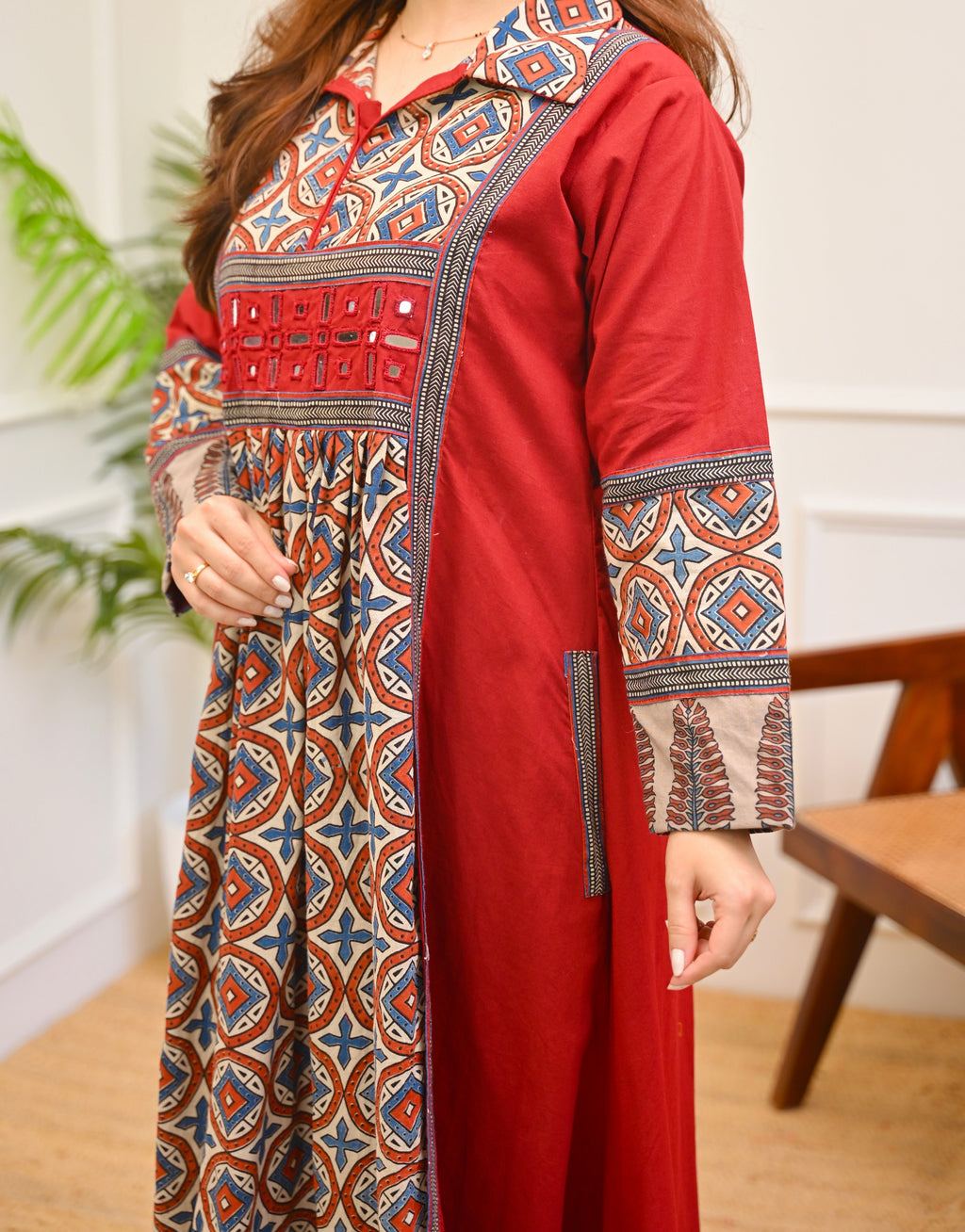 Ruhani Red Ajrakh Mirrorwork Cotton Kurta Dress