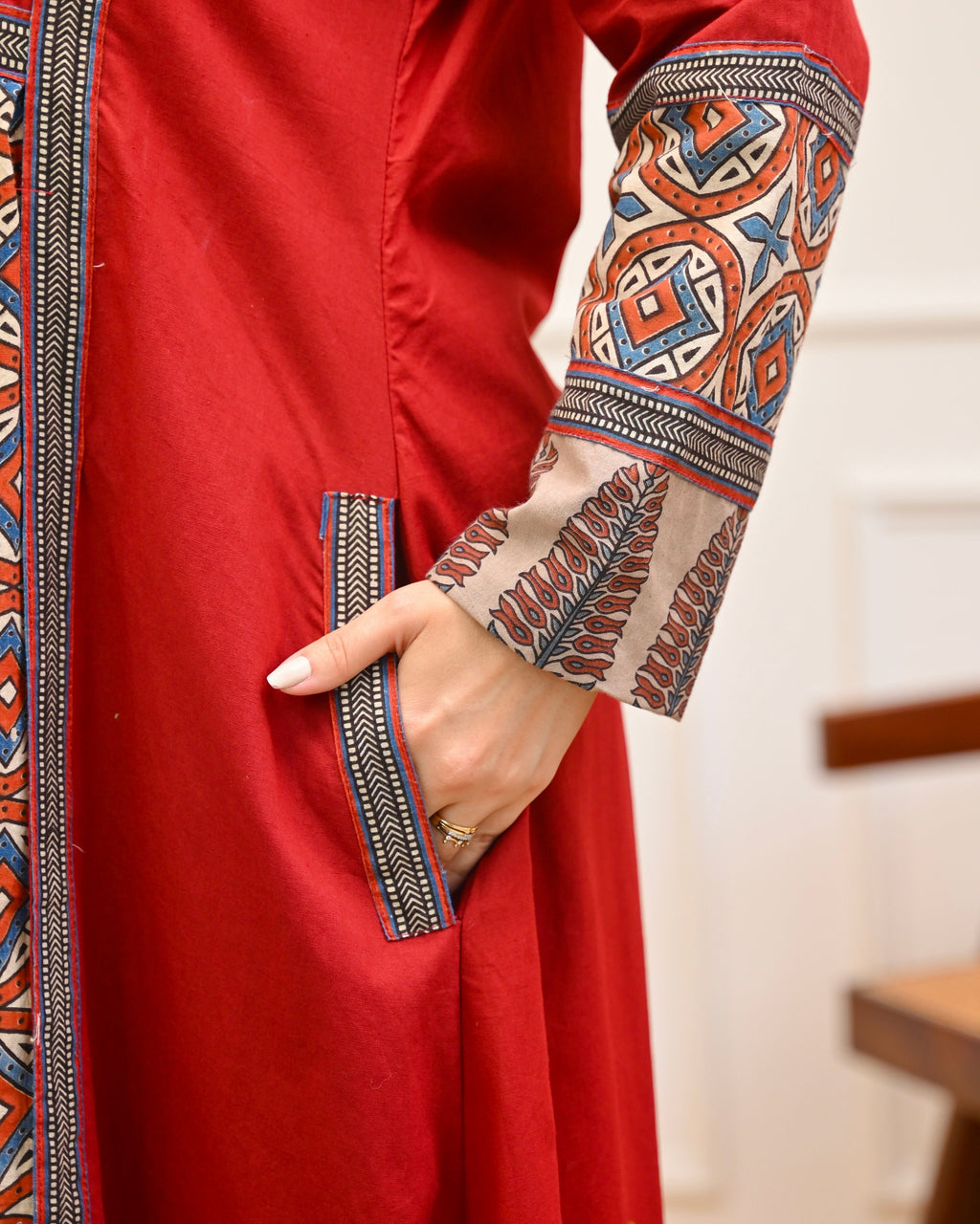 Ruhani Red Ajrakh Mirrorwork Cotton Kurta Dress