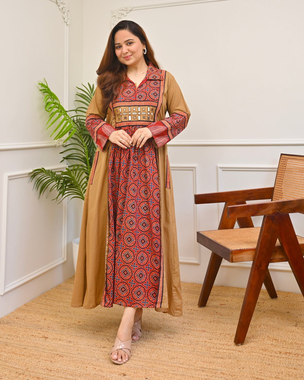 Earthy Mehroon Ajrakh Mirrorwork Cotton Kurta Dress