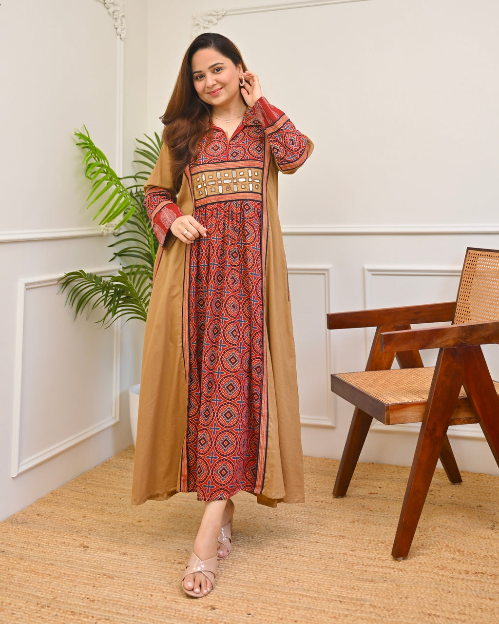 Earthy Mehroon Ajrakh Mirrorwork Cotton Kurta Dress