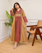 Earthy Mehroon Ajrakh Mirrorwork Cotton Kurta Dress