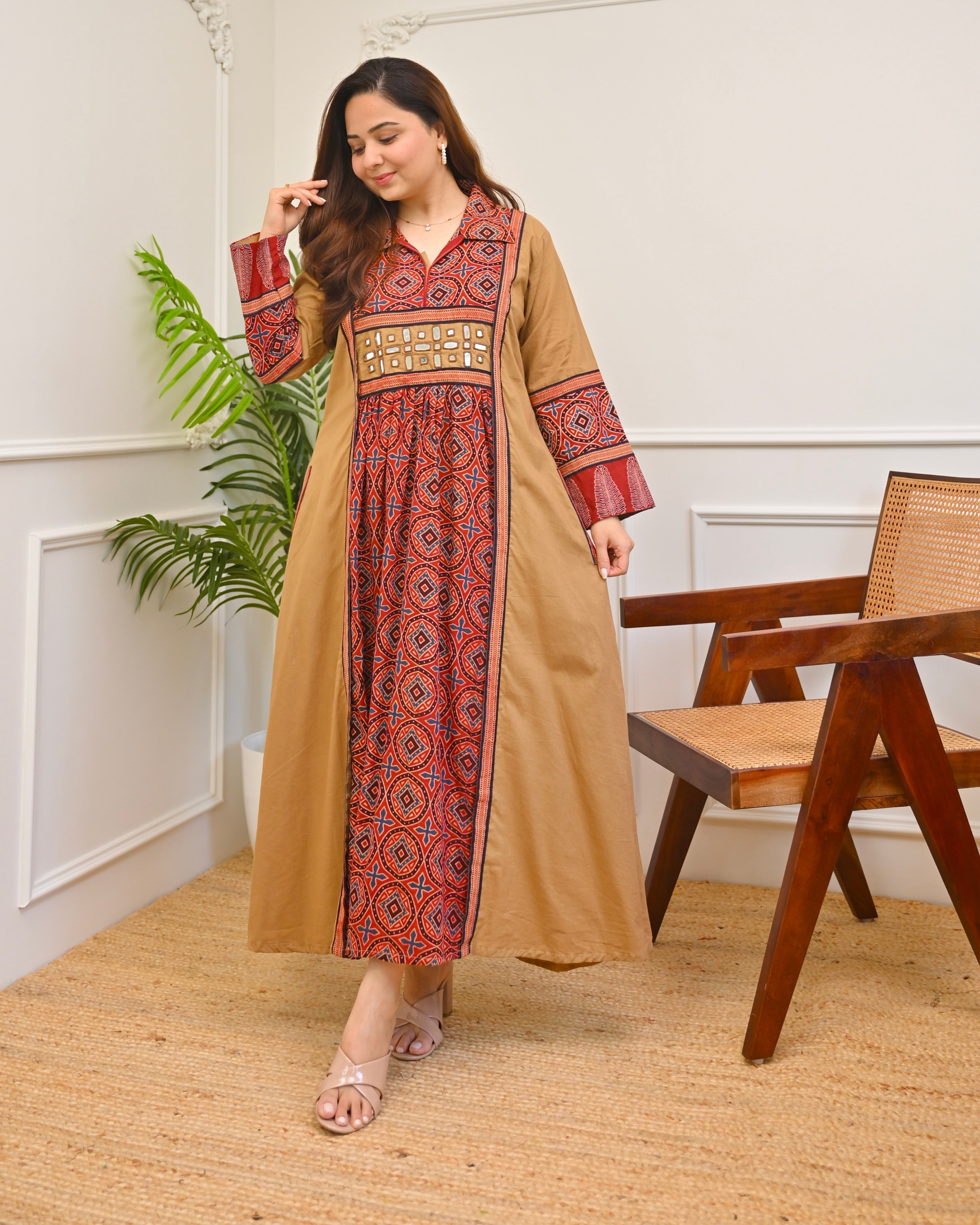 Earthy Mehroon Ajrakh Mirrorwork Cotton Kurta Dress