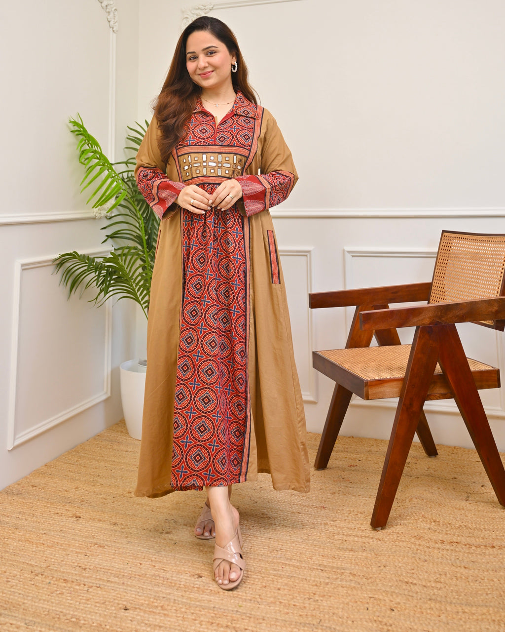 Earthy Mehroon Ajrakh Mirrorwork Cotton Kurta Dress