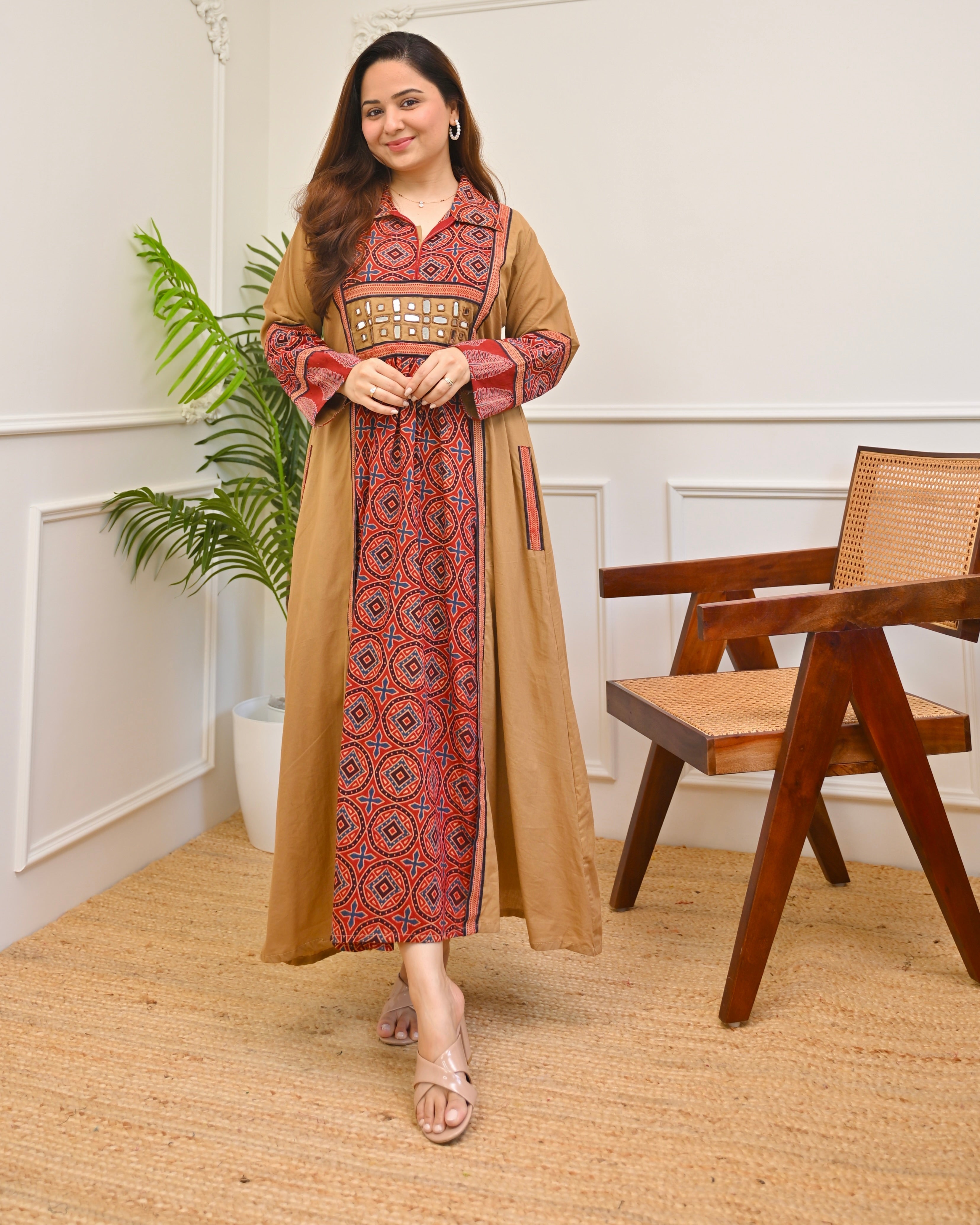 Earthy Mehroon Ajrakh Mirrorwork Cotton Kurta Dress