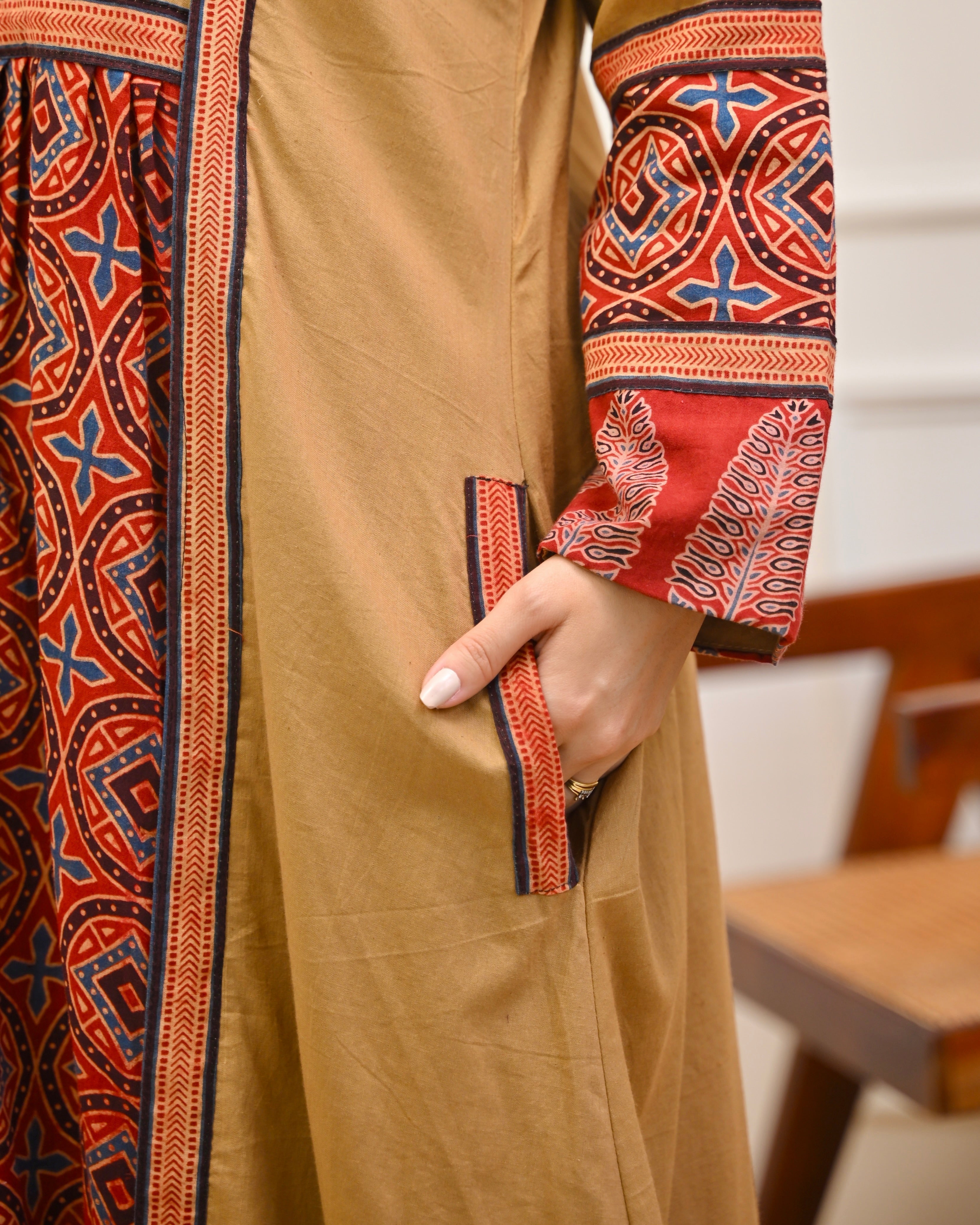 Earthy Mehroon Ajrakh Mirrorwork Cotton Kurta Dress