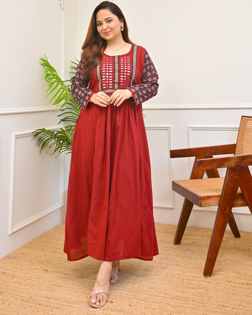Scarlet Bloom Ajrakh Mirrorwork Cotton Kurta Dress