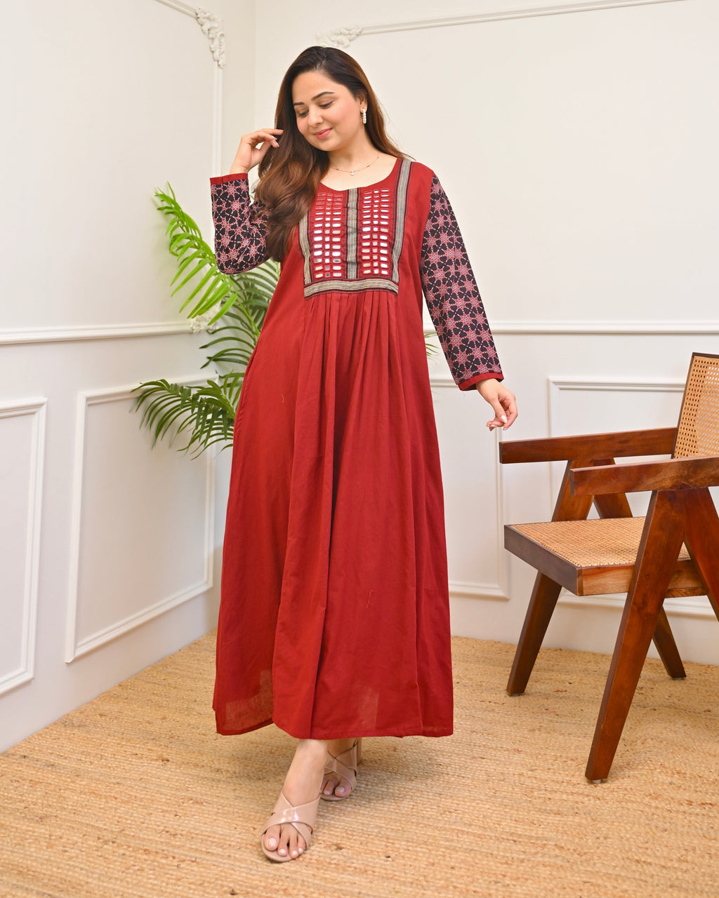 Scarlet Bloom Ajrakh Mirrorwork Cotton Kurta Dress