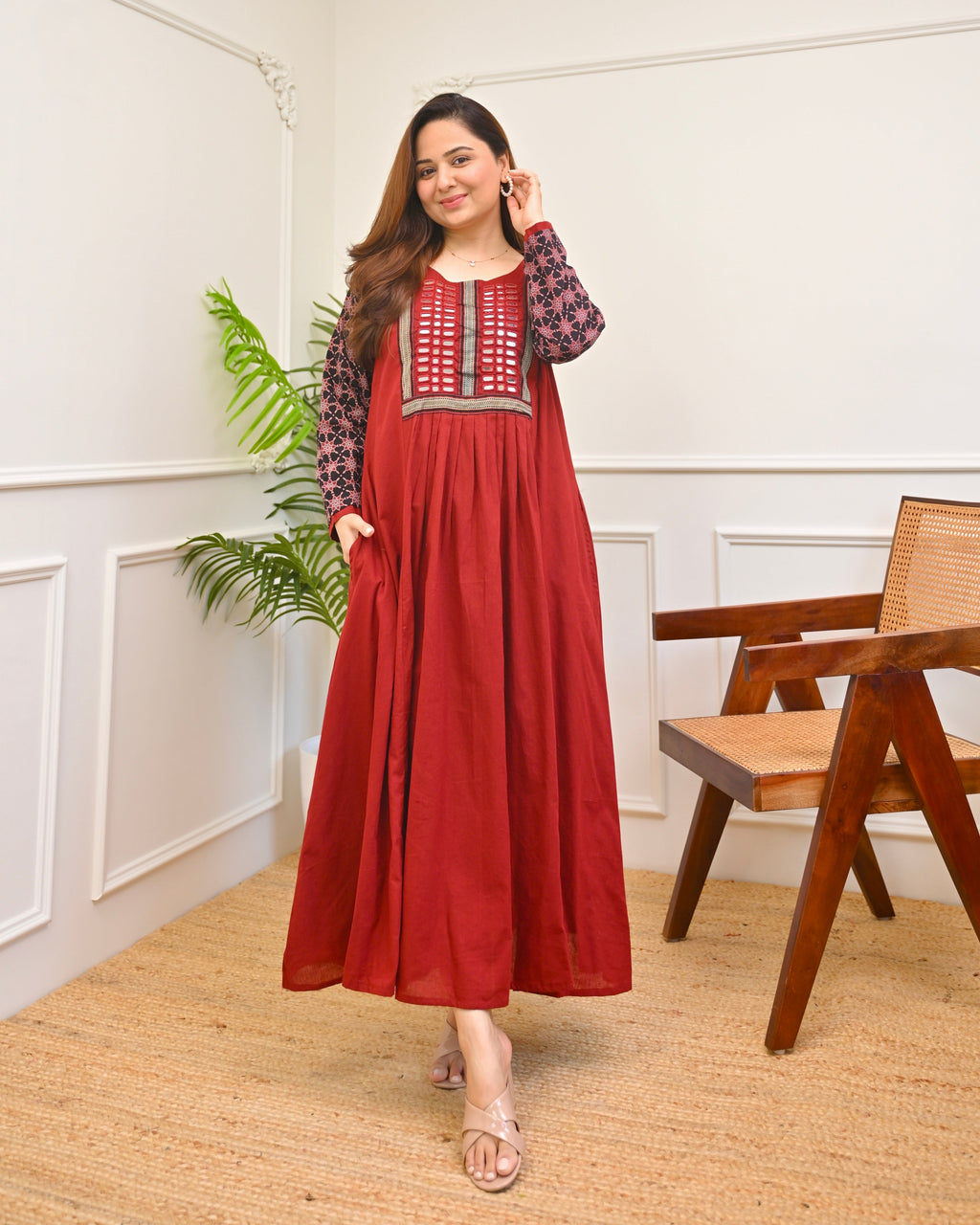 Scarlet Bloom Ajrakh Mirrorwork Cotton Kurta Dress