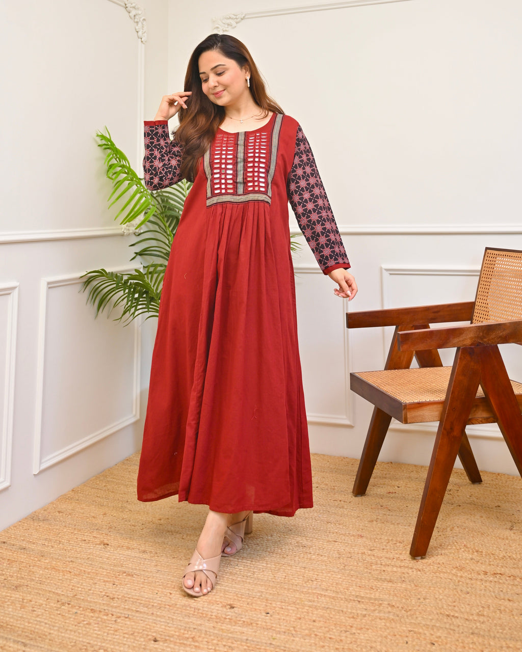 Scarlet Bloom Ajrakh Mirrorwork Cotton Kurta Dress