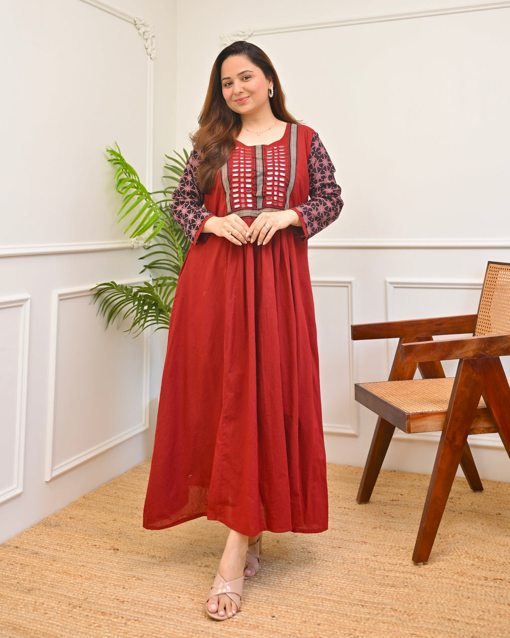 Scarlet Bloom Ajrakh Mirrorwork Cotton Kurta Dress