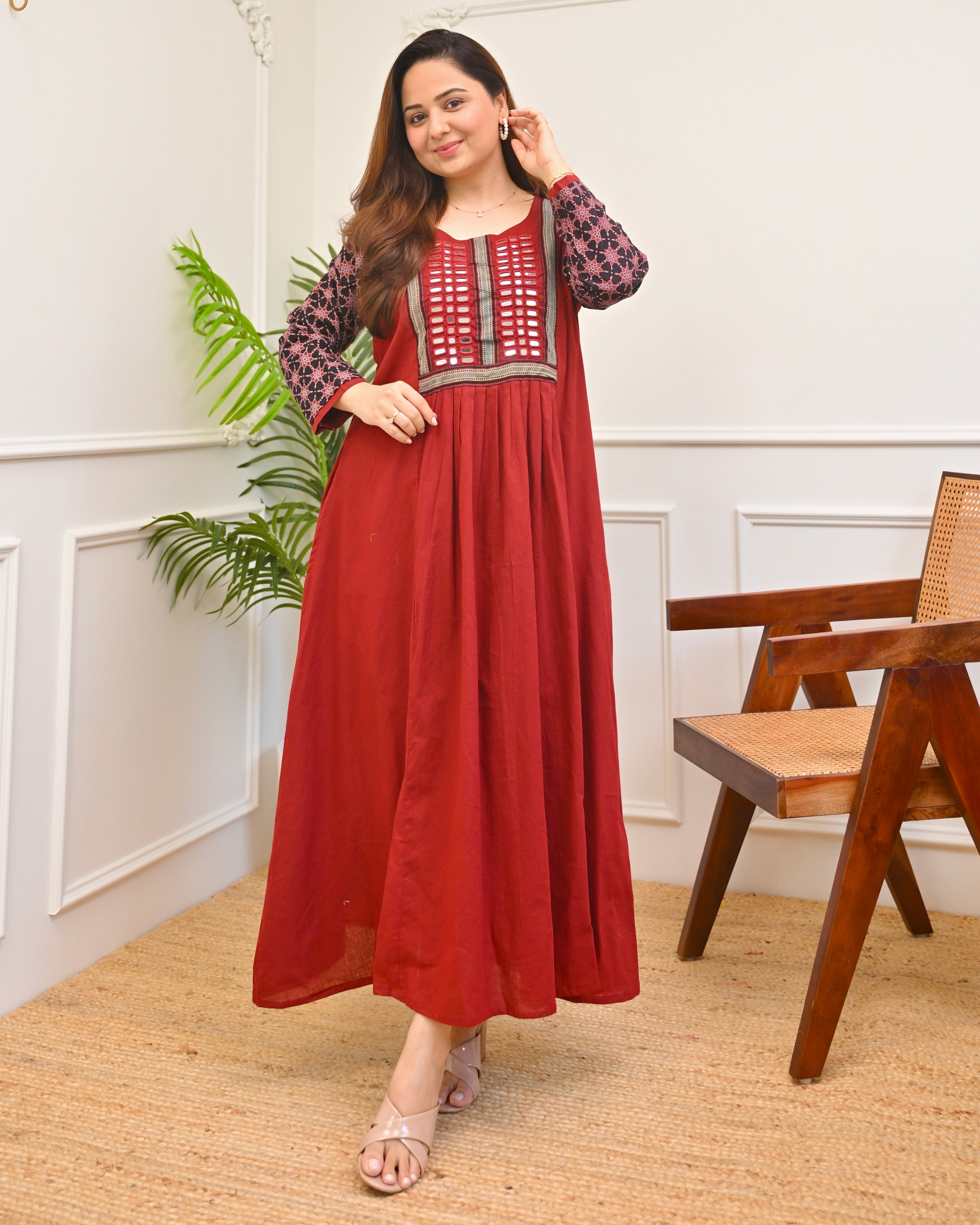 Scarlet Bloom Ajrakh Mirrorwork Cotton Kurta Dress