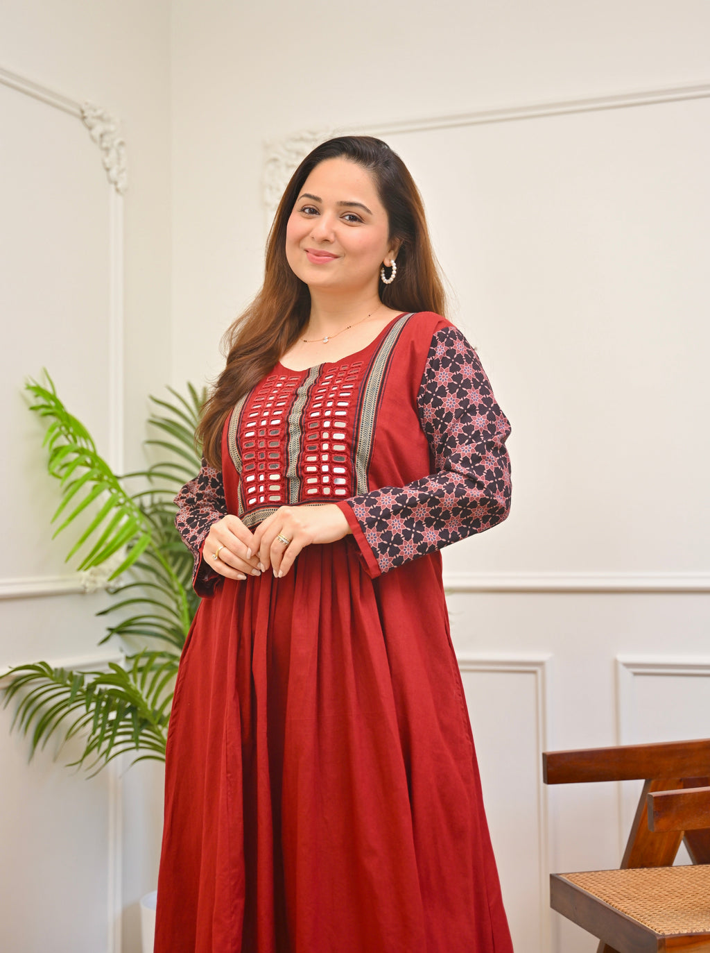 Scarlet Bloom Ajrakh Mirrorwork Cotton Kurta Dress