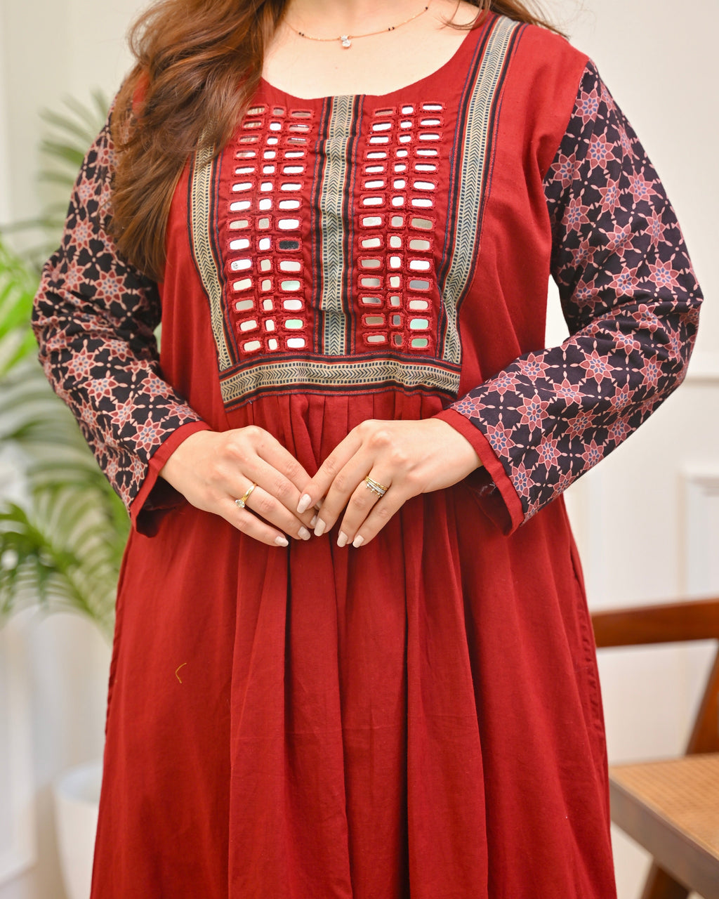 Scarlet Bloom Ajrakh Mirrorwork Cotton Kurta Dress