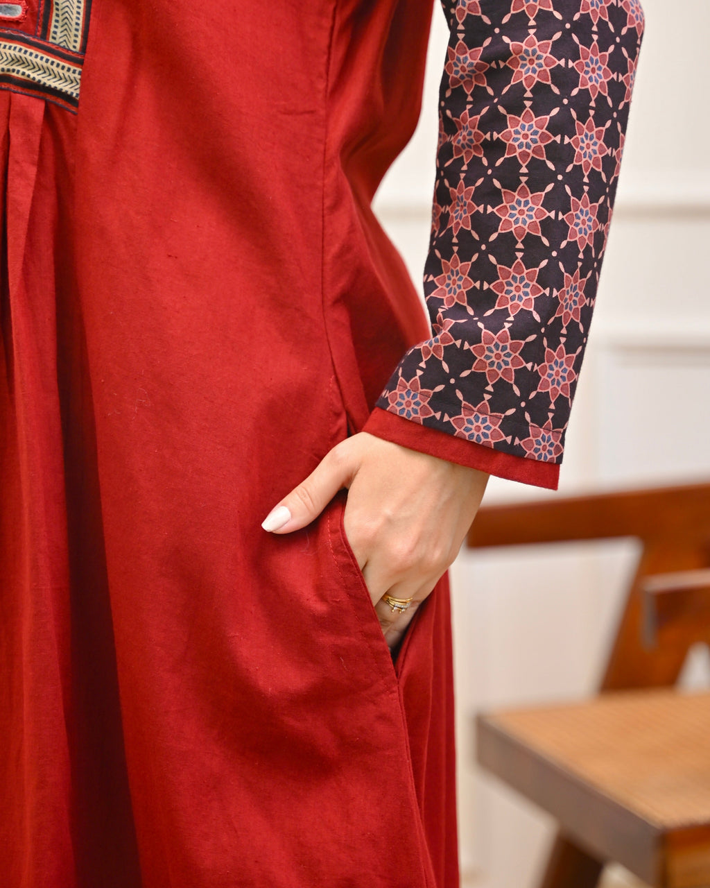 Scarlet Bloom Ajrakh Mirrorwork Cotton Kurta Dress