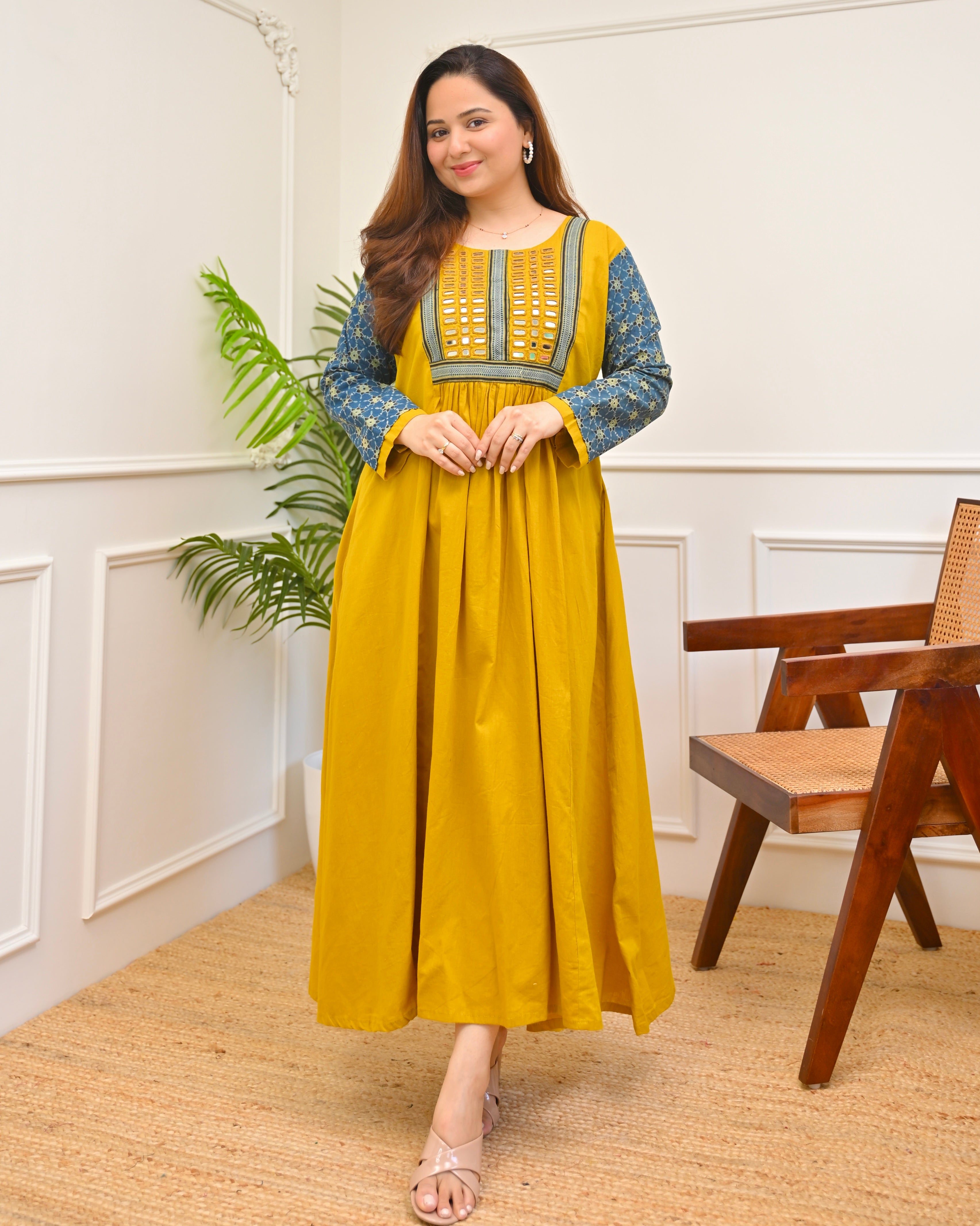 Haldi Heritage Ajrakh Mirrorwork Cotton Kurta Dress