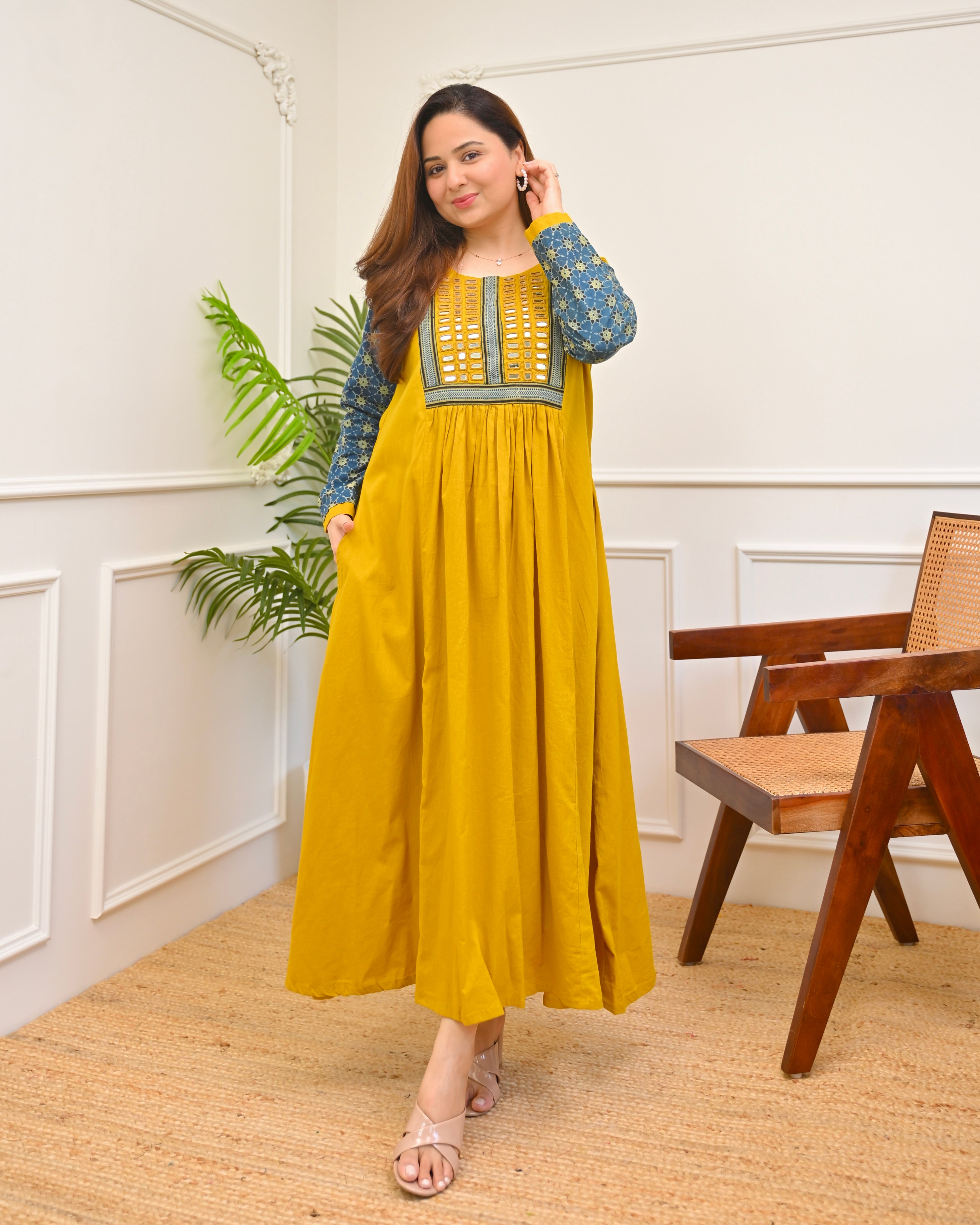 Haldi Heritage Ajrakh Mirrorwork Cotton Kurta Dress