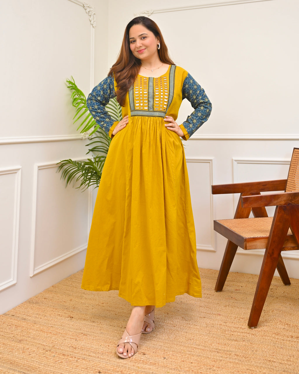 Haldi Heritage Ajrakh Mirrorwork Cotton Kurta Dress