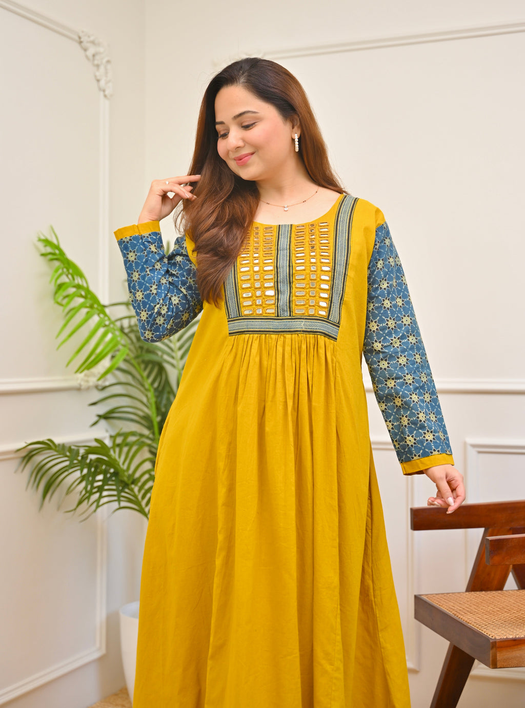 Haldi Heritage Ajrakh Mirrorwork Cotton Kurta Dress