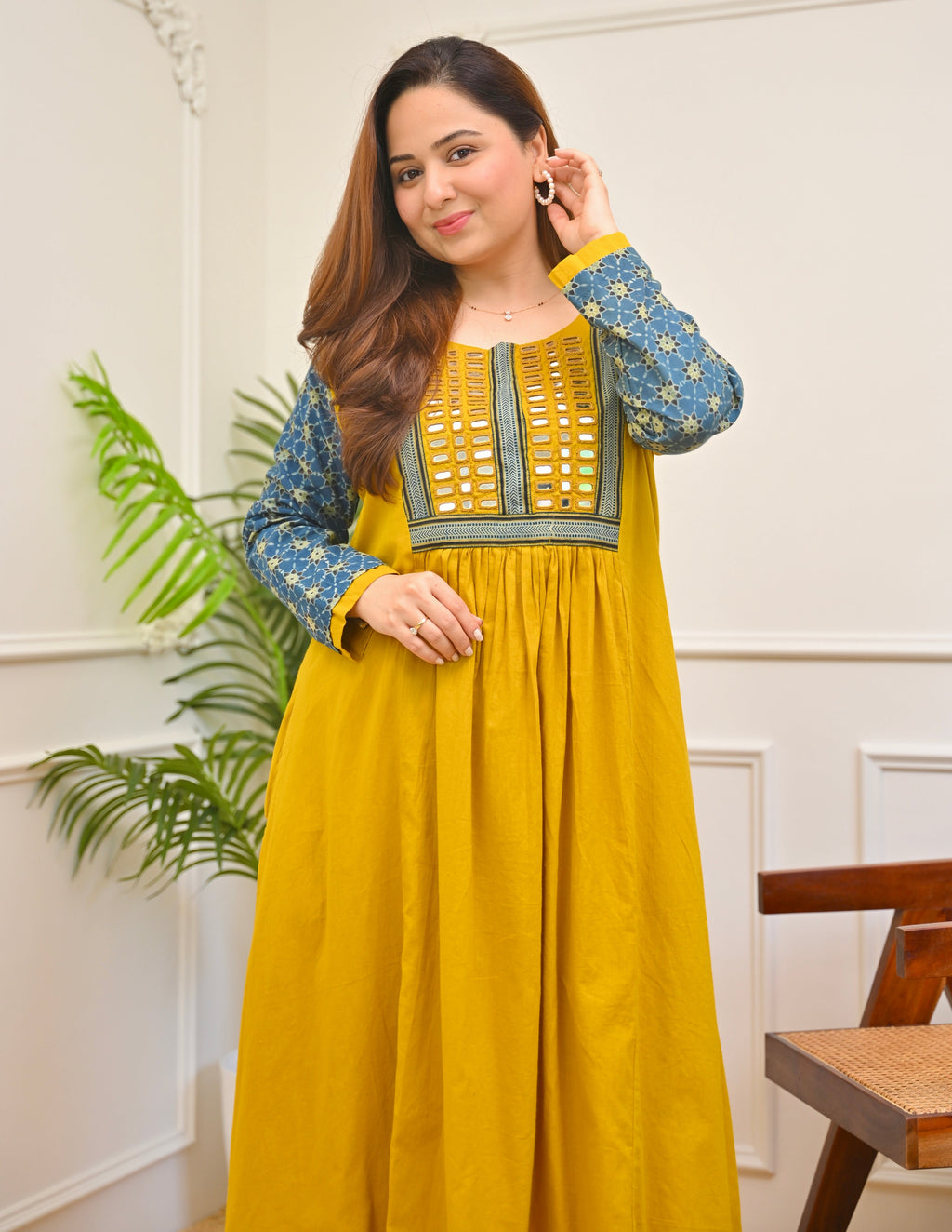 Haldi Heritage Ajrakh Mirrorwork Cotton Kurta Dress
