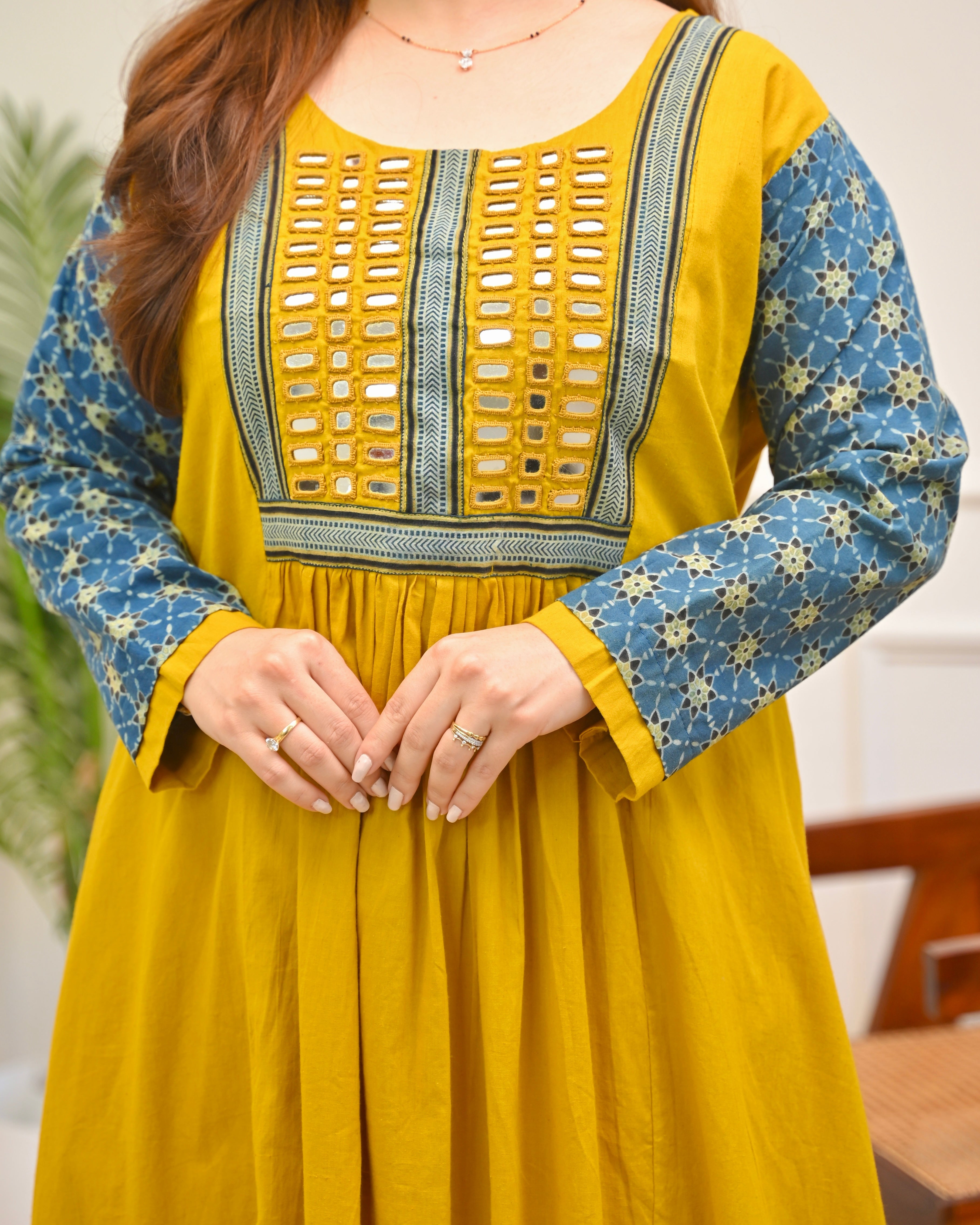 Haldi Heritage Ajrakh Mirrorwork Cotton Kurta Dress