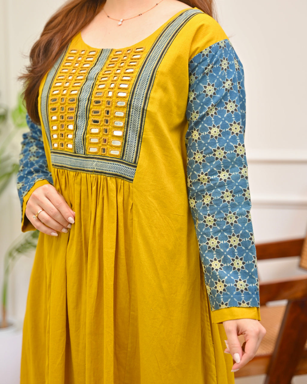 Haldi Heritage Ajrakh Mirrorwork Cotton Kurta Dress