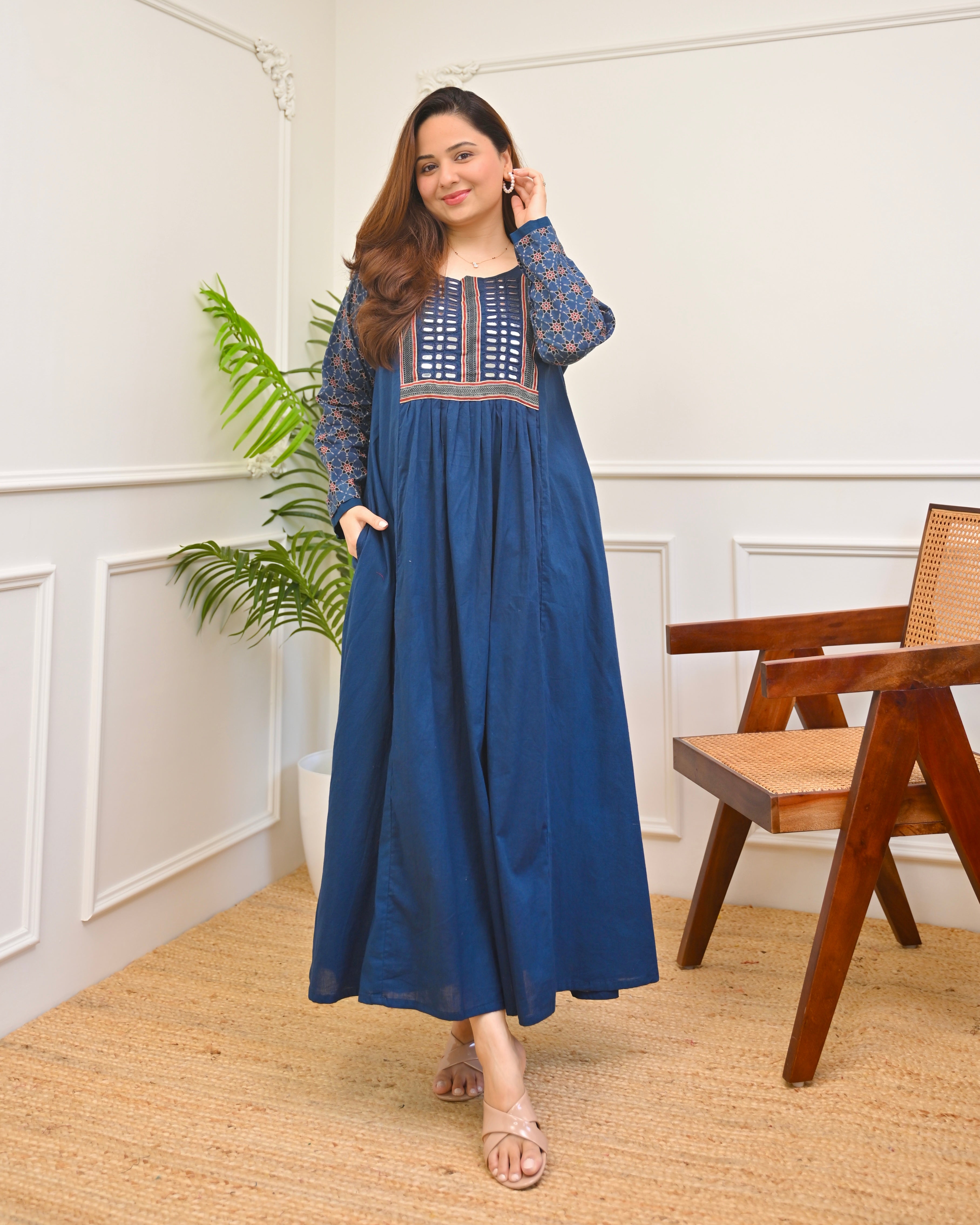 Blue Reverie Ajrakh Mirrorwork Cotton Kurta Dress
