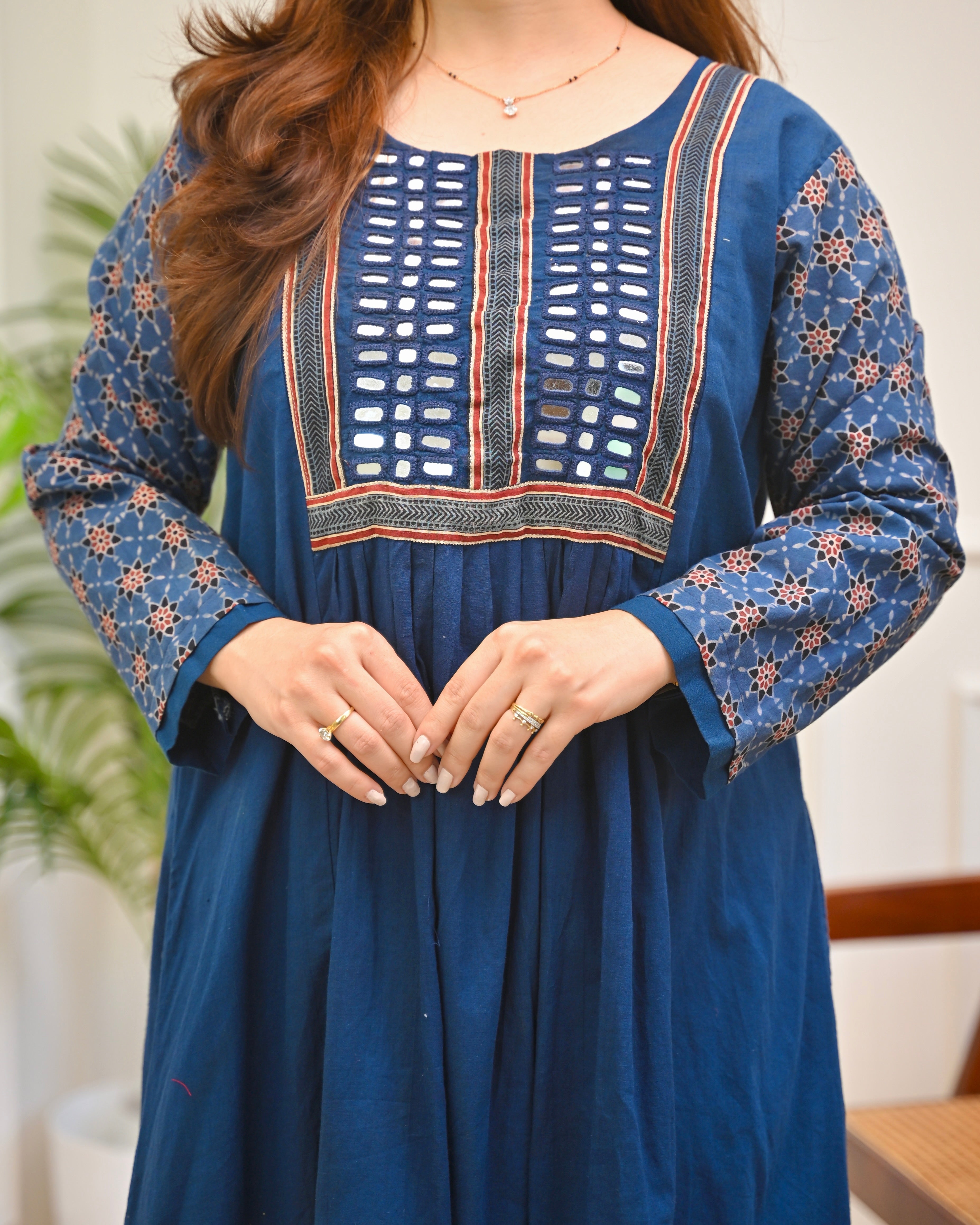 Blue Reverie Ajrakh Mirrorwork Cotton Kurta Dress