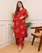 Crimson Floral A Line Cotton Kurta Set