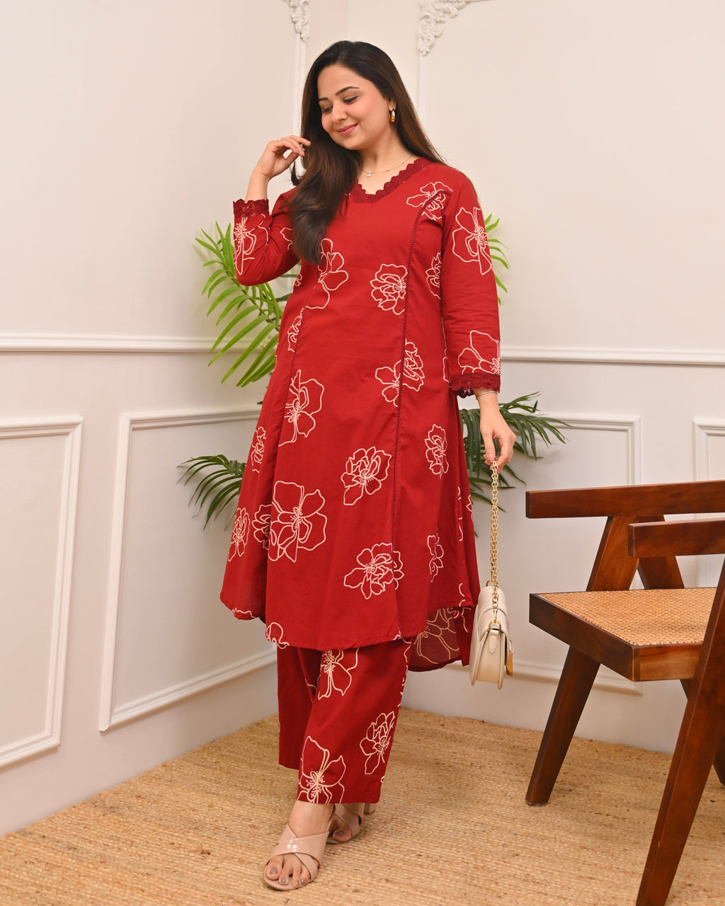 Crimson Floral A Line Cotton Kurta Set