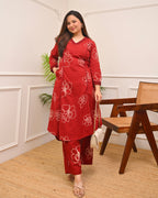 Crimson Floral A Line Cotton Kurta Set