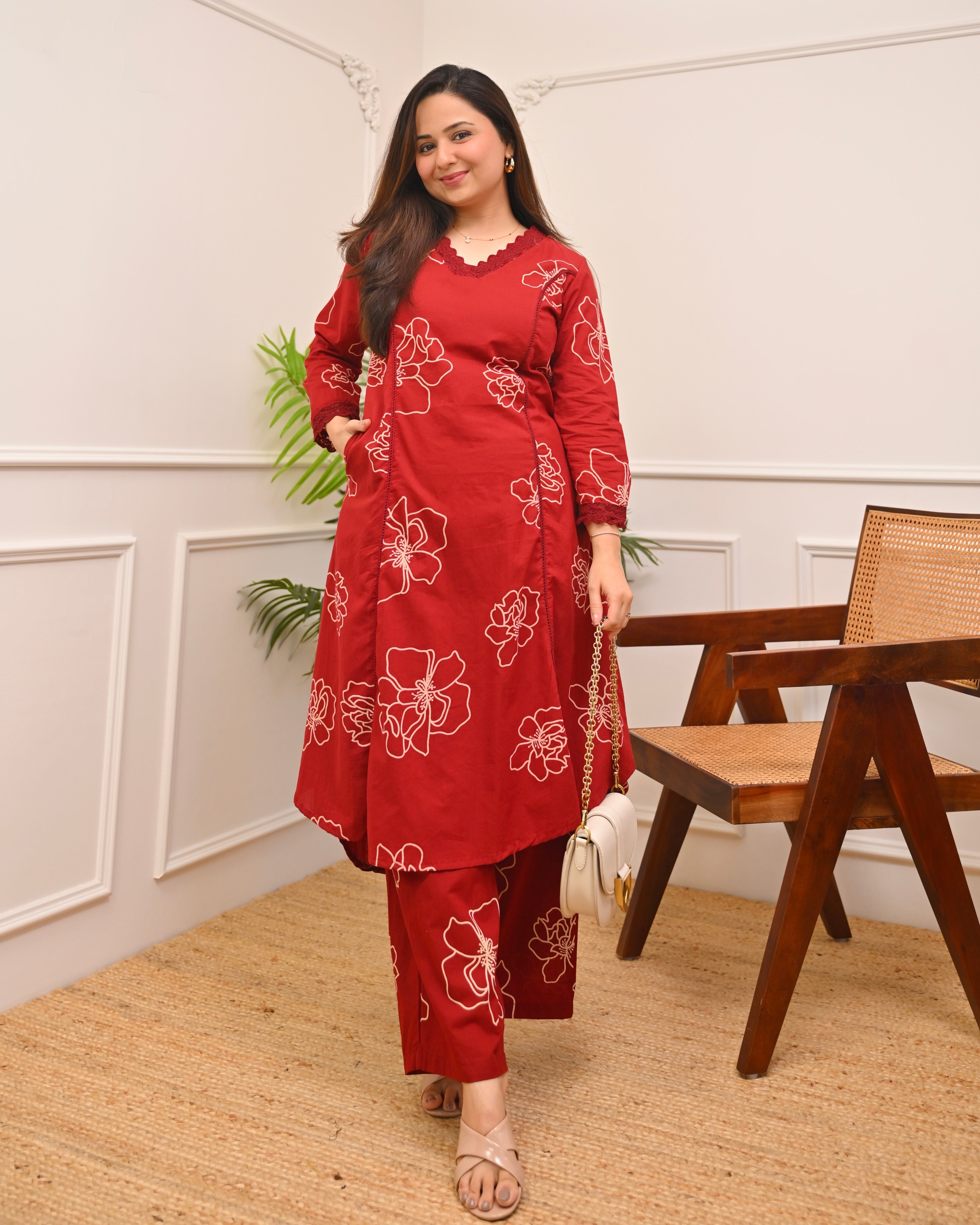 Crimson Floral A Line Cotton Kurta Set