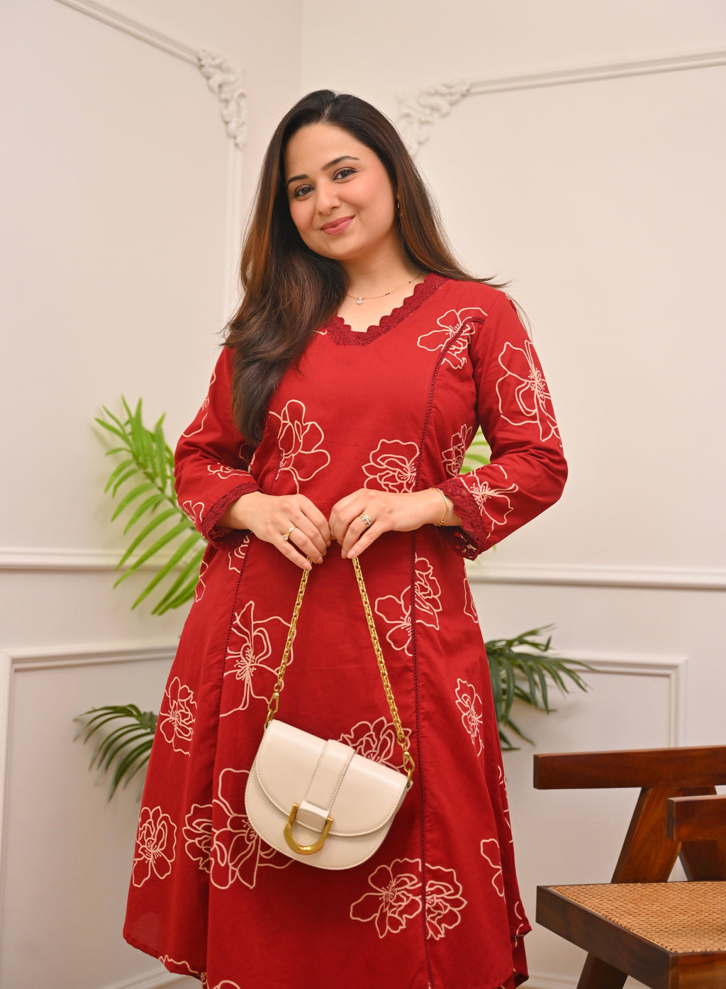 Crimson Floral A Line Cotton Kurta Set