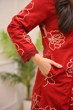 Crimson Floral A Line Cotton Kurta Set