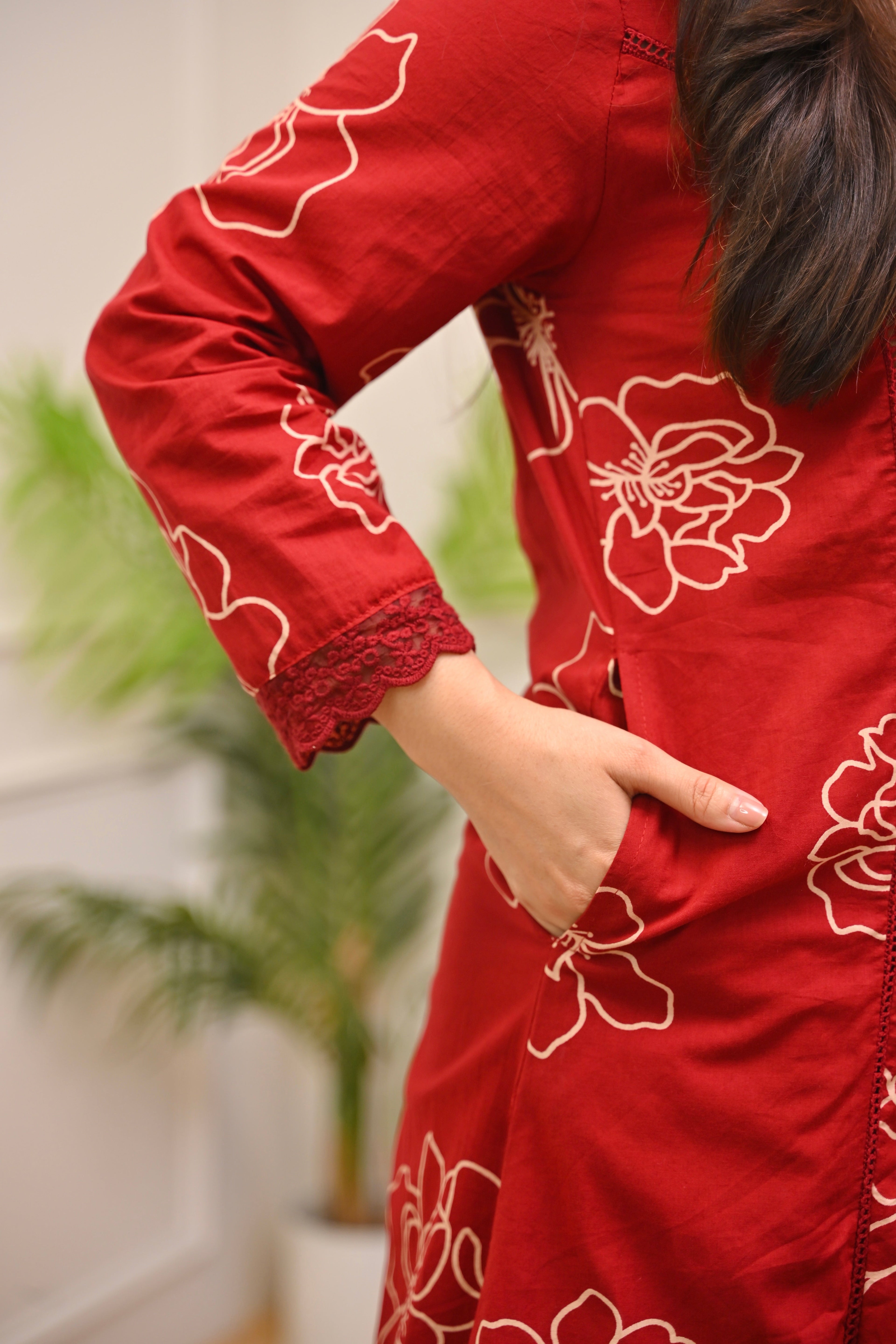 Crimson Floral A Line Cotton Kurta Set
