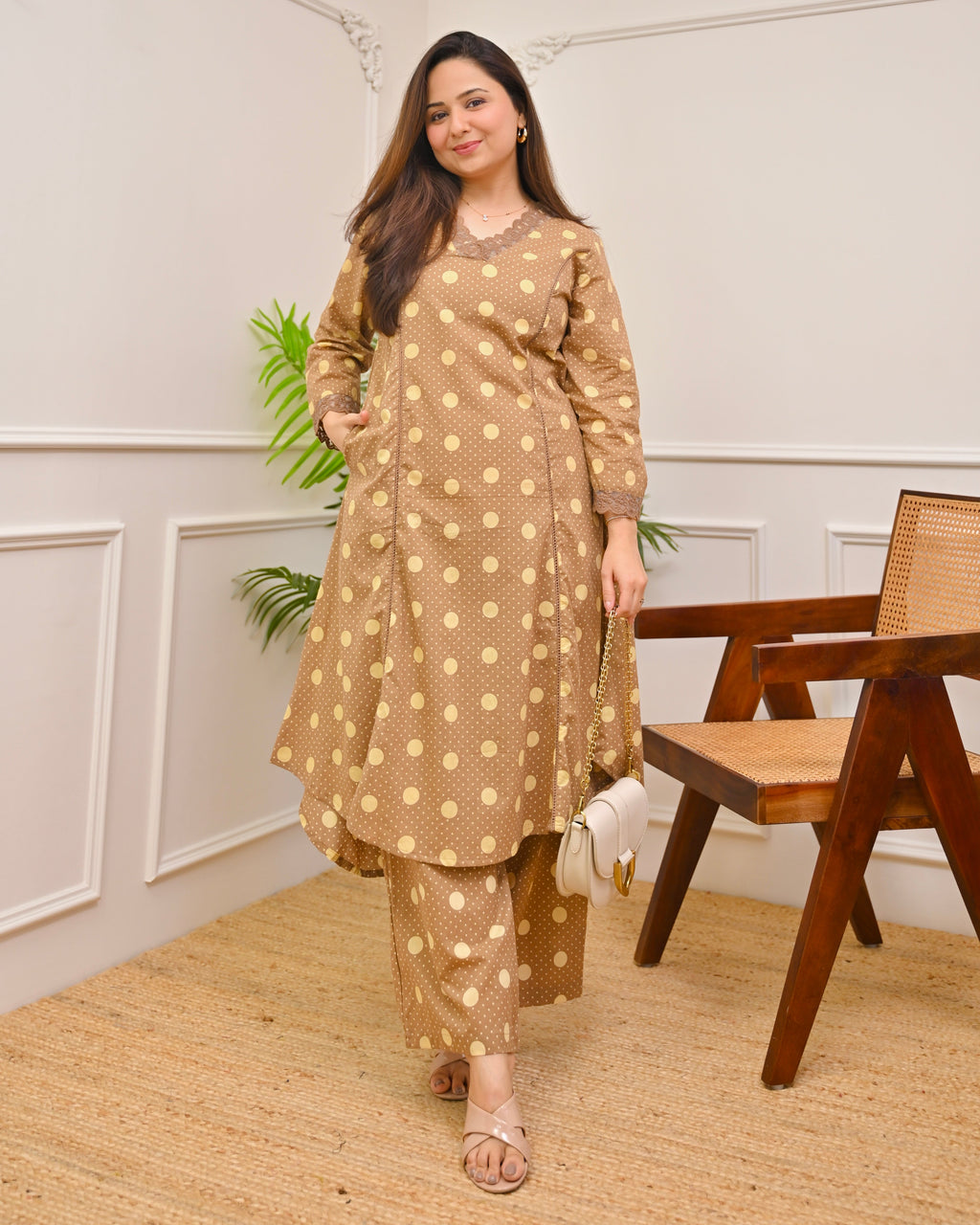Brown Polka Dots A Line Cotton Kurta Set