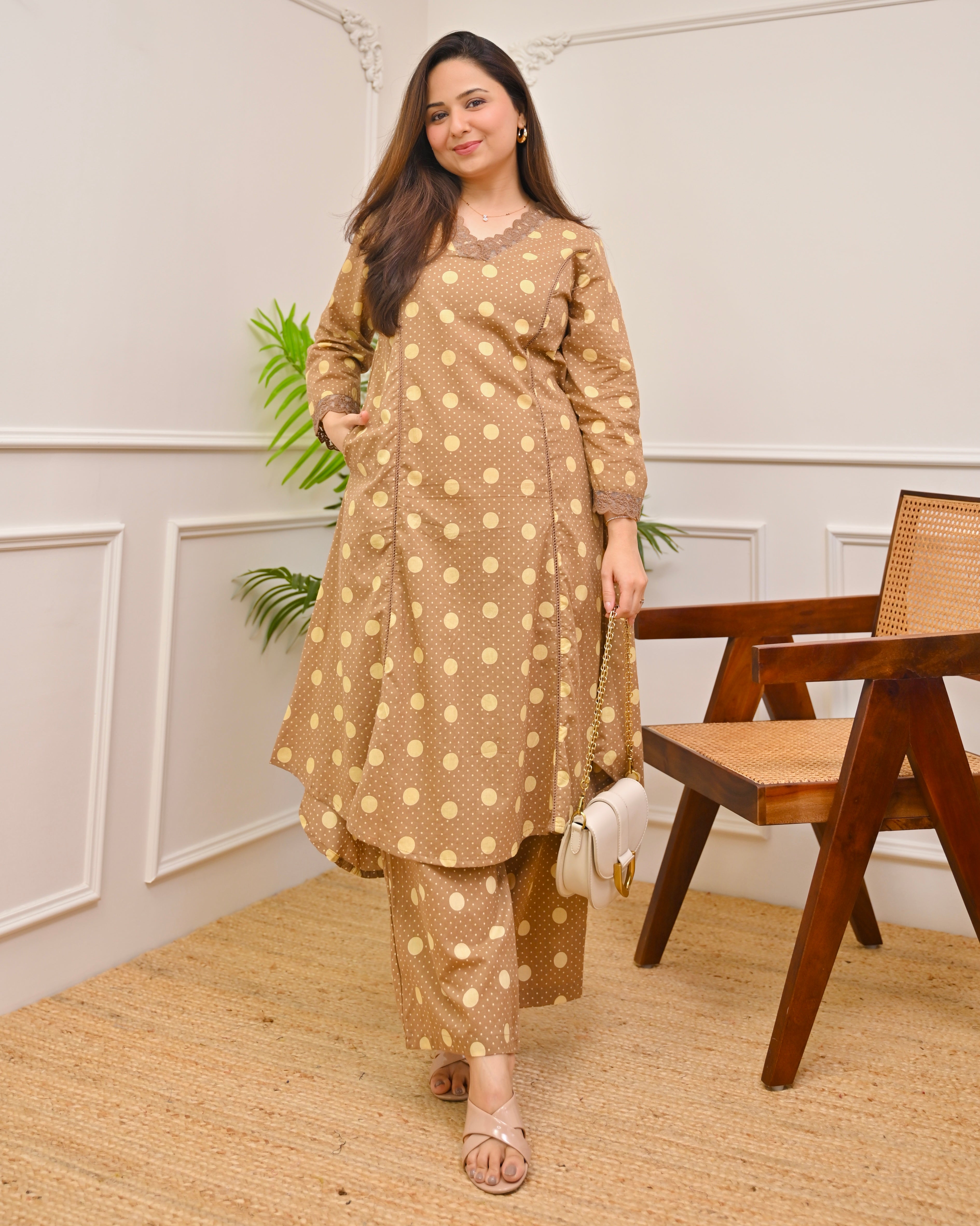 Brown Polka Dots A Line Cotton Kurta Set